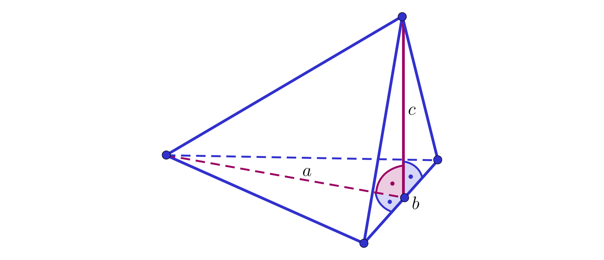 Na ilustracji przedstawiono ostrosłup ABCD. Z wierzchołka D opuszczono wysokość ściany bocznej, oznaczoną literą c. Wysokość ta jest prostopadła do płaszczyzny podstawy. Krawędź BC trójkąta w podstawie oznaczono literą b. Linią przerywaną zaznaczono wysokość podstawy poprowadzoną z wierzchołka A na bok B C i oznaczono ją literą a.
