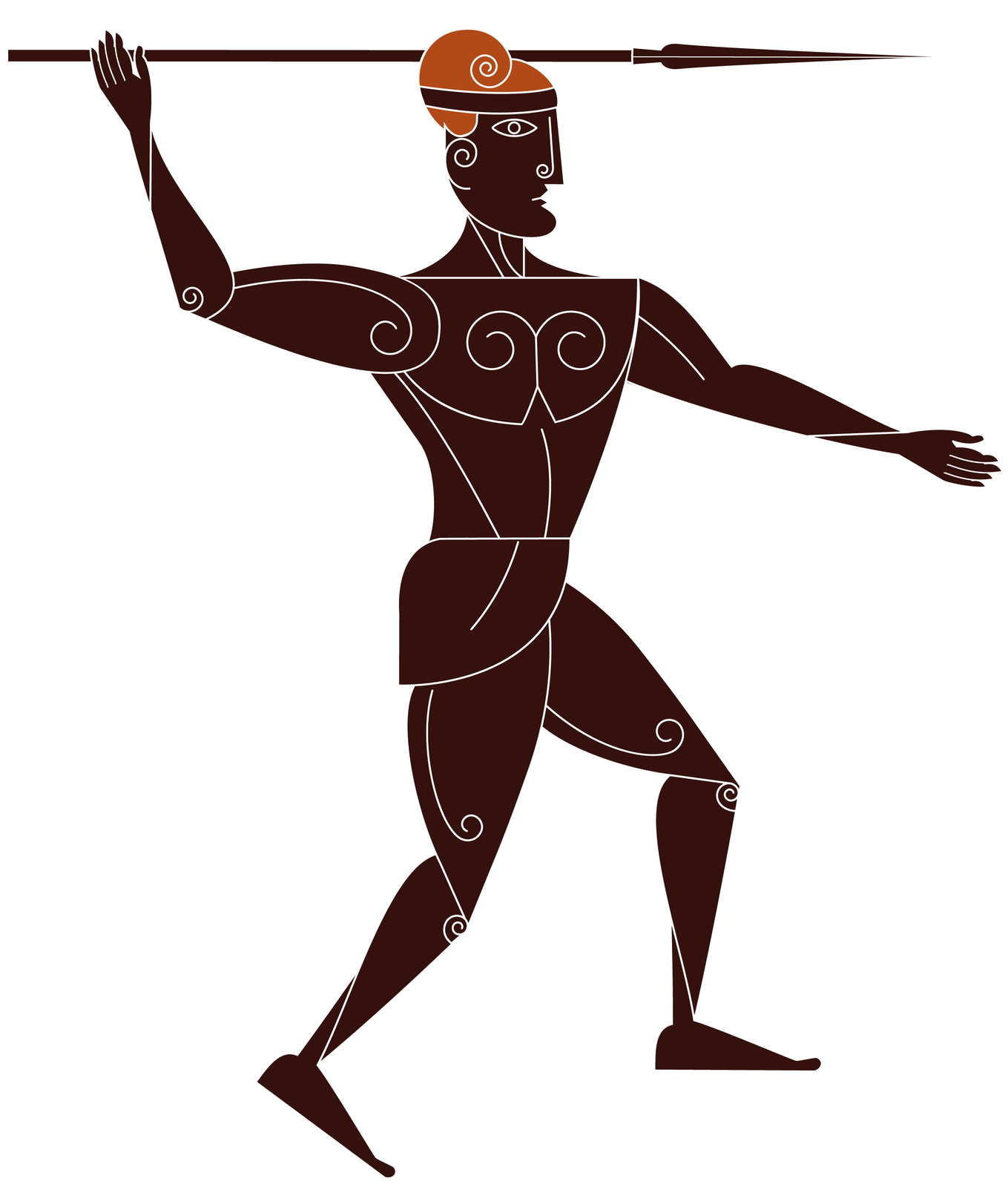 Schematyczny rysunek mężczyzny z zarysem anatomicznym. Postać ukazana z profilu. W prawej dłoni trzyma gotowy do rzutu oszczep, rękę lewą ma lekko wychyloną do przodu. 