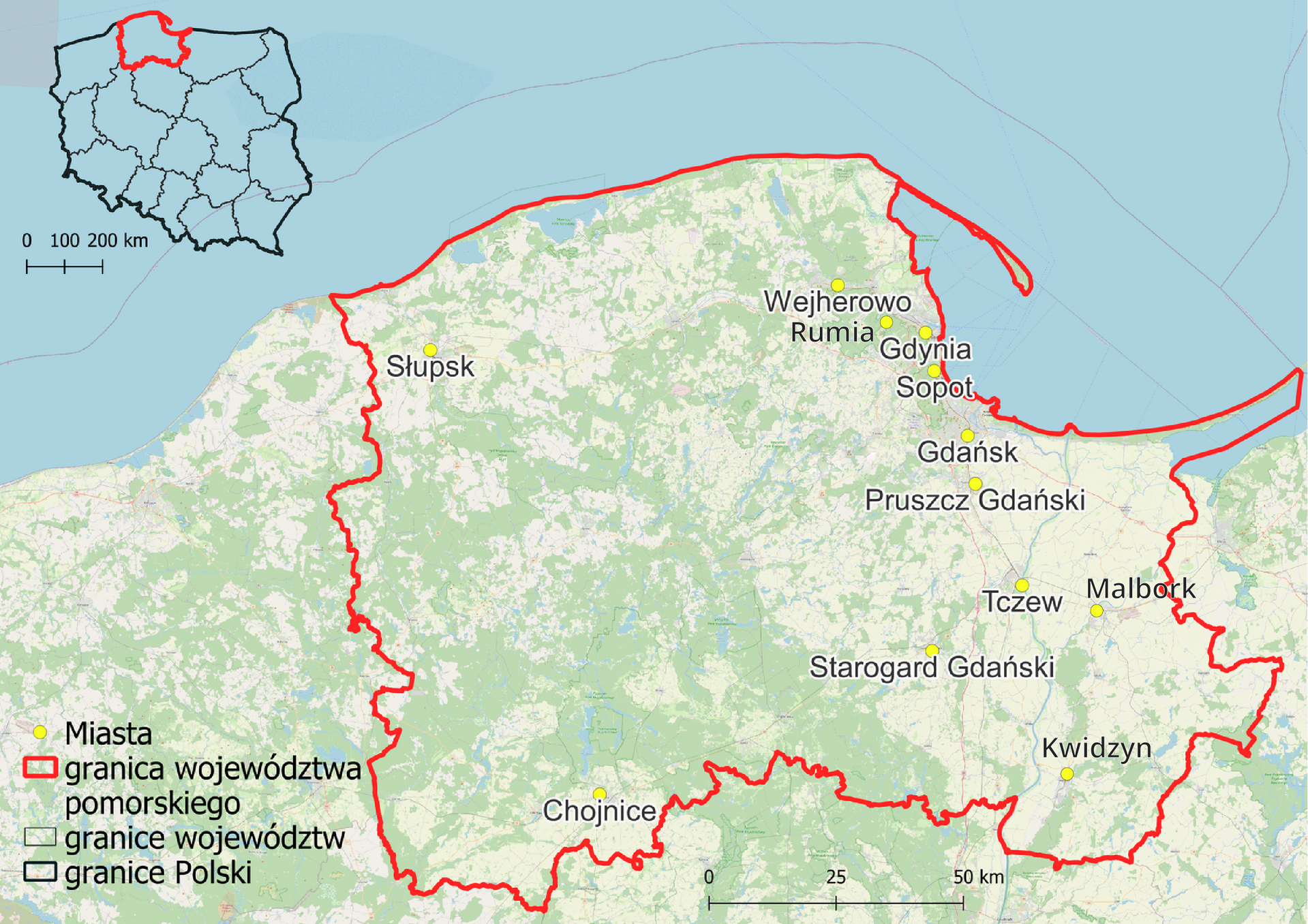 Mapa przedstawiająca zasięg województwa pomorskiego. Granice zostały oznaczone czerwonymi liniami, żółtymi kropkami oznaczono największe miasta – Gdańsk, Sopot, Gdynia, Wejherowo, Kartuzy, Pruszcz Gdański, Tczew, Starogard Gdański, Chojnice, Słupsk. W lewym górnym rogu mapa Polski z podziałem na województwa z oznaczonym czerwonym konturem województwem pomorskim.