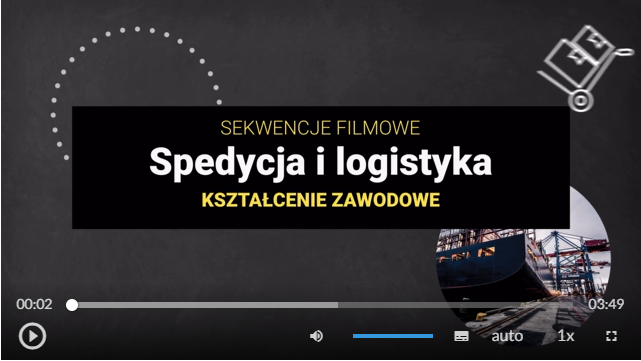 Ilustracja przedstawia kadr z filmu. W centralnej części znajduje się nazwa materiału, temat i cel filmu. W prawym dolnym rogu znajduje się okrągłe wycięcie przedstawiające towarowy port morski. W dolnej z kolei znajdują się części funkcjonalne takie jak pasek filmu, przycisk włączania nagrania, ustawienia głośności, napisów, jakości nagrania, tempa oraz przycisk przełączania w tryb szerokiego ekranu.