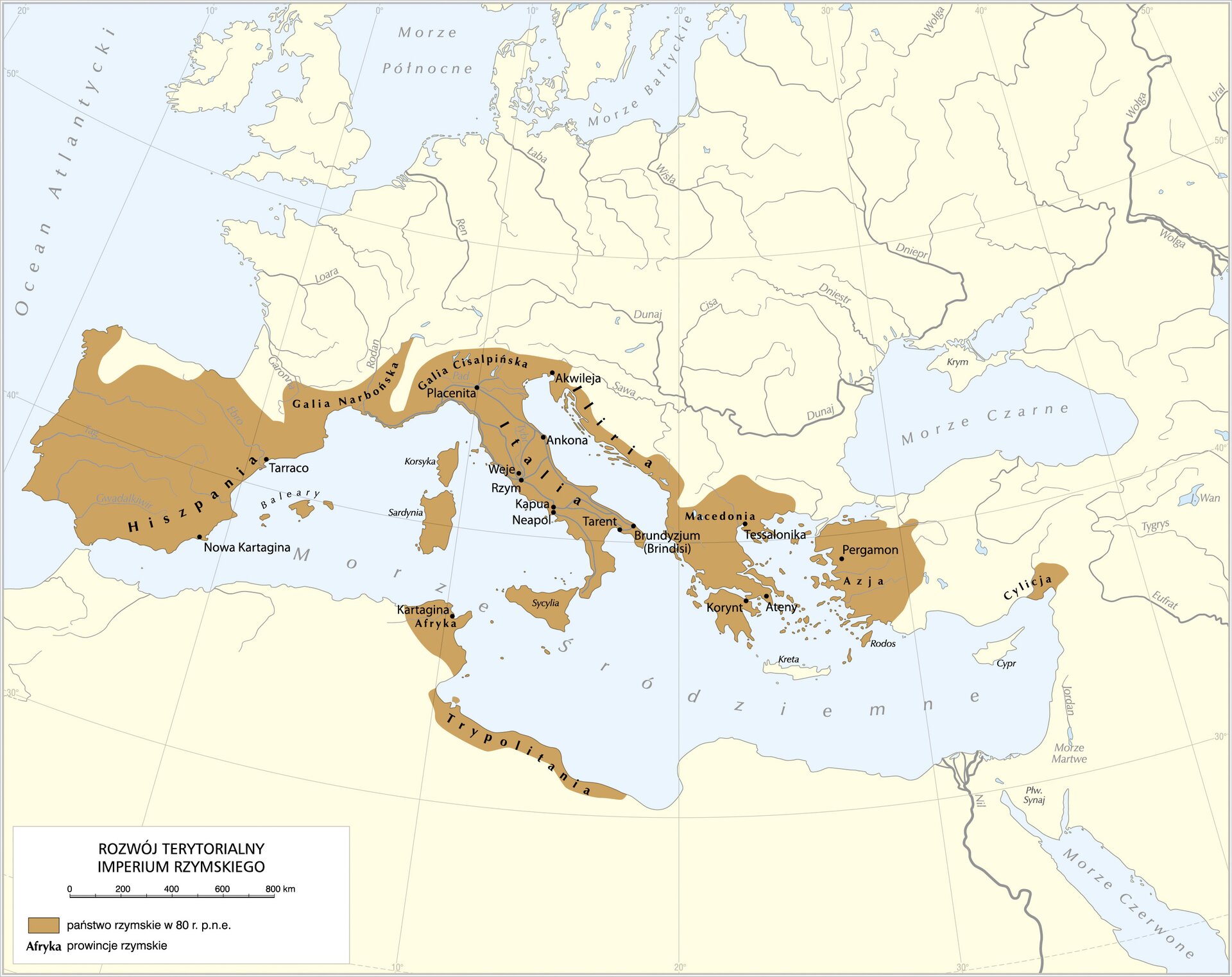 Mapa przedstawia rozwój terytorialny imperium rzymskiego i tereny państwa rzymskiego w 80 roku przed naszą erą. Należały do nich: Hiszpania, Galia Narbońska, Galia Cisalpińska, Italia, Sardynia, Sycylia, Iliria, Macedonia, Korynt, Azja Mniejsza i Cylicja, prowincja w północnej Afryce (obecna Tunezja) i Trypolitania (wybrzeże północnej Afryki).