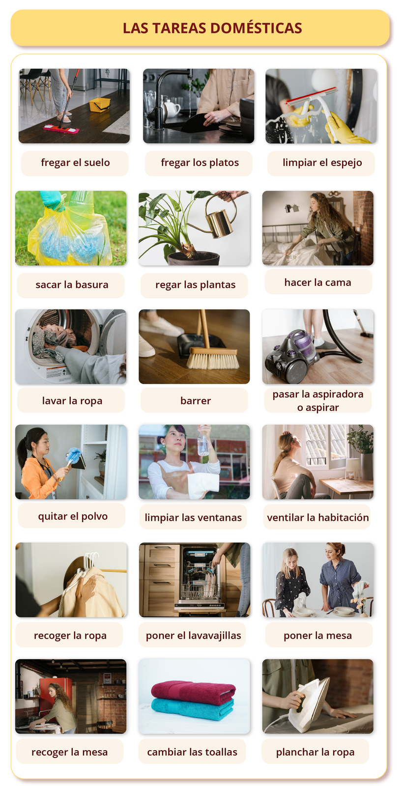 Ilustracja zatytułowana LAS TAREAS DOMÉSTICAS zawiera osiemnaście zdjęć z podpisami. Na zdjęciu podpisanym fregar el suelo widoczny jest fragment osoby myjącej podłogę mopem. Na zdjęciu podpisanym fregar los platos widoczny jest fragment osoby zmywającej naczynia. Na zdjęciu podpisanym limpiar el espejo widoczny jest fragment osoby myjącej lustro. Na zdjęciu podpisanym sacar la basura widoczny jest worek ze śmieciami trzymany przez kogoś. Na zdjęciu podpisanym regar las plantas widoczna jest kwiat doniczkowy, którego ktoś podlewa. Na zdjęciu podpisanym hacer la cama widoczna jest kobieta ścieląca łóżko. Na zdjęciu podpisanym lavar la ropa widoczna jest otwarta pralka z której ktoś wyjmuje ubrania lub wkłada je. Na zdjęciu podpisanym barrer widoczne jest zamiatanie miotłą do szufelki. Na zdjęciu podpisanym pasal la aspiratora o aspirar widoczny jest odkurzacz, którym ktoś odkurza podłogę. Na zdjęciu podpisanym quitar el polvo widoczna jest młoda kobieta wycierająca kurze z książki. Na zdjęciu podpisanym limpiar las ventanas widoczna jest młoda kobieta myjąca szybę. Na zdjęciu podpisanym ventilar la habitación widoczna jest młoda kobieta siedząca przy otwartym oknie, w które się wpatruje. Na zdjęciu podpisanym recoger la ropa widoczne są obrania na wieszakach, które ktoś zawiesza do szafy. Na zdjęciu podpisanym poner el lavavajillas widoczna jest otwarta zmywarka, do której ktoś ładuje naczynia. Na zdjęciu podpisanym poner la mesa widoczne są dwie kobiety nakrywające do stołu. Na zdjęciu podpisanym recoger la mesa widoczna jest kobieta zmywająca naczynia. Na zdjęciu podpisanym cambiar las toallas widoczne są dwa złożone w kostkę ręczniki. Na zdjęciu podpisanym planchar la ropa widoczna jest osoba prasująca ubrania.