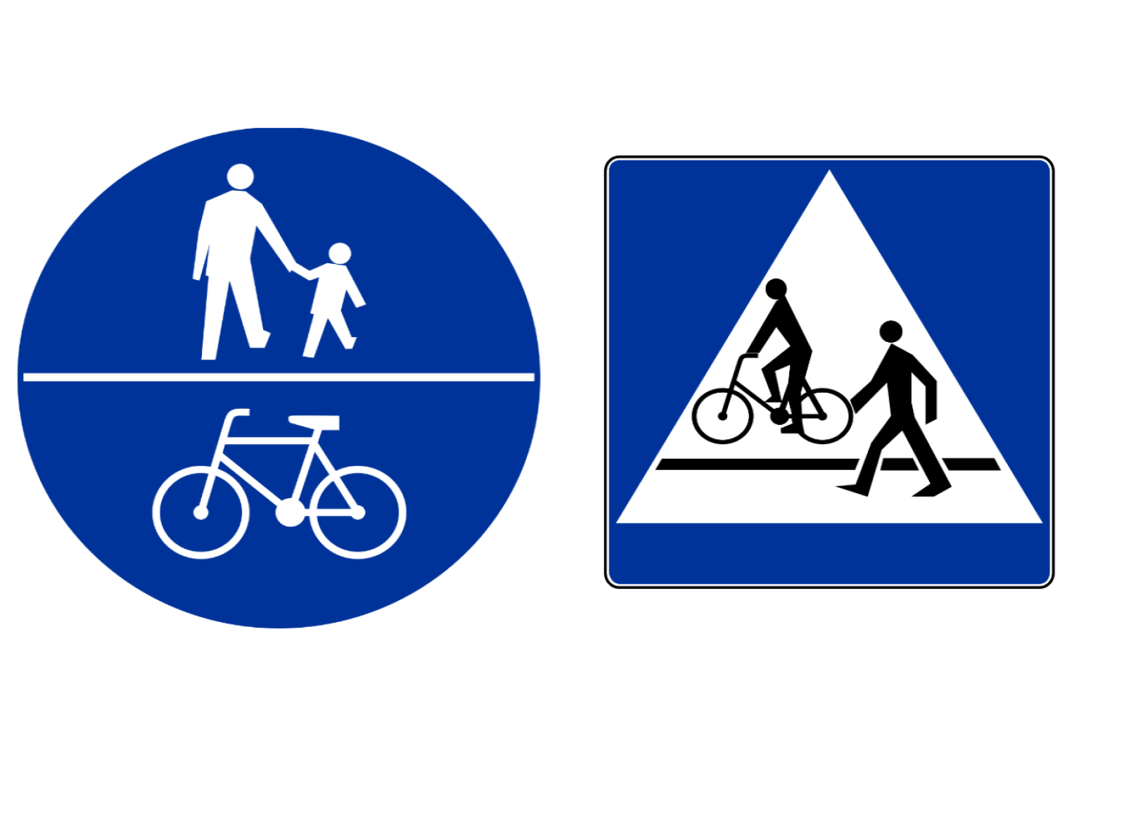 Ilustracja przedstawia dwa znaki drogowe. Pierwszy znak jest okrągły, niebieski, podzielony na pół białą linią. W górnej części widać dwie białe postacie, dużą i małą, trzymające się za ręce. W dolnej części widać biały rower. Drugi znak jest prostokątny, niebieski. z białym trójkątem na środku. W trójkącie widać dwie czarne postacie. Jedna jedzie rowerem, a druga przechodzi przez przejście dla pieszych.