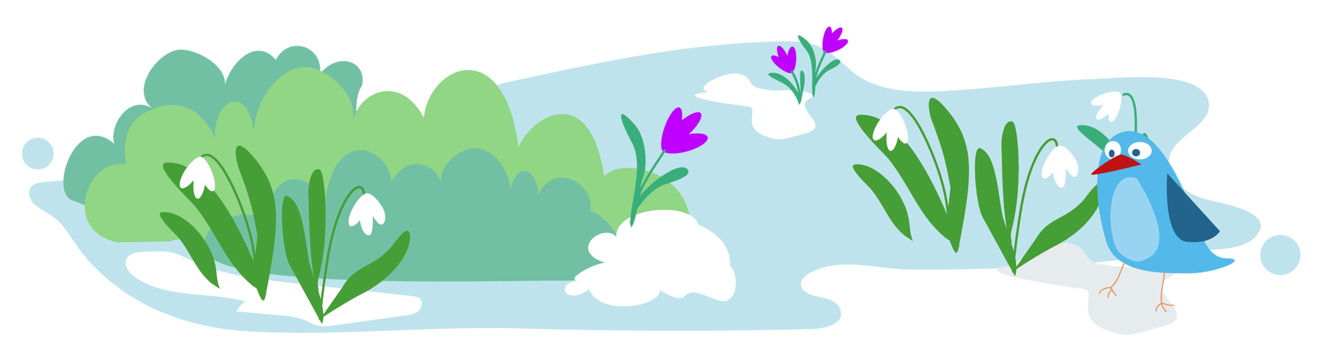 Ilustracja przedstawia teren pokryty roztapiającym się śniegiem. Po lewej stronie rosną bujne zielone krzewy i dwa przebiśniegi - malutkie białe kwiatki rosnące na cienkich zielonych łodygach. Na środku jest jeden krokus - fioletowy kwiatek na zielonej łodyżce, a dwa kolejne są nieco w oddali. Po prawej stronie rosną jeszcze trzy przebiśniegi. Obok nich stoi mały ptak. Ma jasnoniebieskie upierzenie na brzuchu, niebieskie na grzbiecie i głowie oraz ciemnoniebieskie na skrzydłach. Jego dziób jest czerwony, a nogi pomarańczowe.