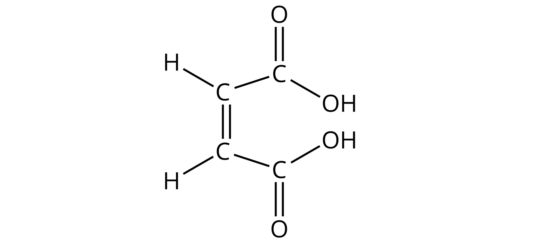 Ilustracja przedstawiająca kwas cis‑but‑2-enodiowy. Kwas ten zbudowany jest z dwóch połączonych ze sobą za pomocą wiązania podwójnego grup CH, z których każda łączy się za pomocą wiązania pojedynczego z grupą karboksylową COOH.