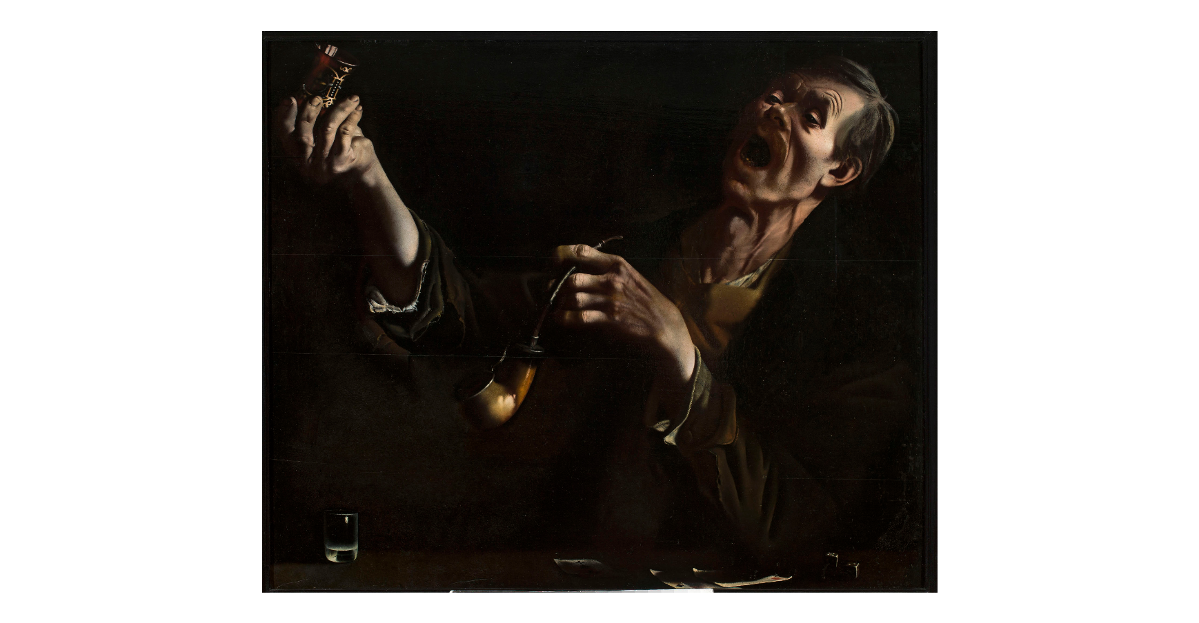 Obraz przedstawia starszego mężczyznę z fajką. Jego twarz jest zmęczona, wykrzywiona od krzyku lub śpiewu. Przed mężczyzną, na stole, stoi wypełniony kieliszek. 