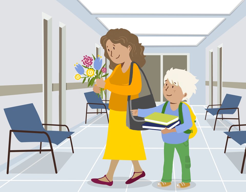 Widoczna jest ilustracja. Przedstawia kobietę oraz chłopca na szpitalnym korytarzu. Kobieta niesie ze sobą kwiaty, a chłopiec książki. Idą kogoś odwiedzić.