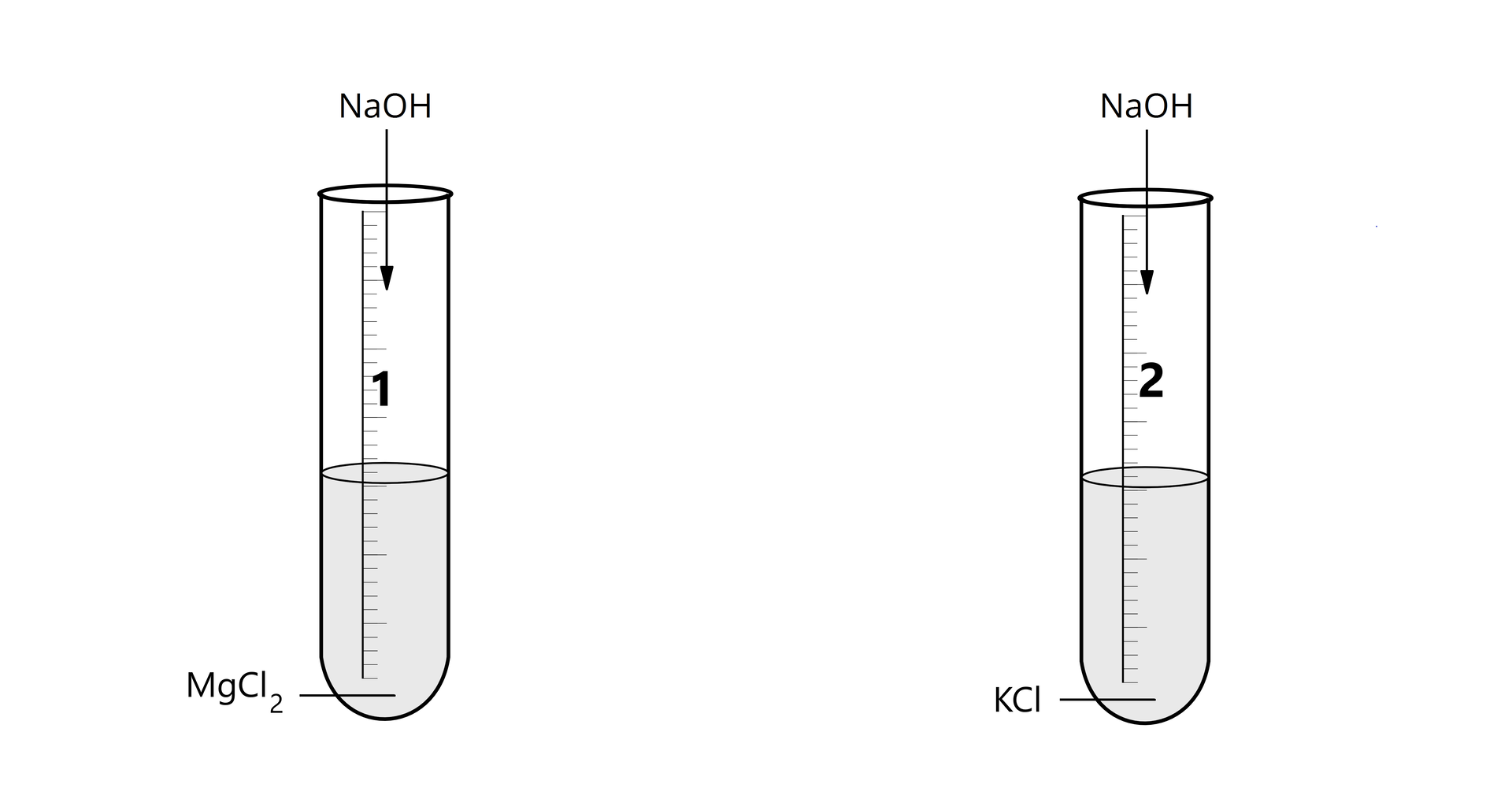 Ilustracja przedstawiająca schemat doświadczenia. Dwie probówki. W pierwszej znajduje się roztwór chlorku magnezu, do którego dodano wodorotlenek sodu. W drugiej probówce znajduje się roztwór chlorku potasu, do którego dodano wodorotlenek sodu.
