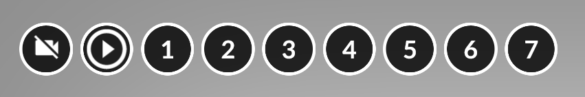 Grafika przedstawia widok dostępnych funkcji wizualizacji. Widoczne są okrągłe ikonki. Jest ich dziewięć Pierwsza to kółko z białym obramowaniem i czarnym wypełnieniem. W środku widoczny jest symbol przekreślonej kamery. Kolejny przedstawia ikonę odtwarzania filmu. Ikona składa się z trójkąta wpisanego w okrąg. Wierzchołek trójkąta wskazuje w prawo. Pozostałe są ponumerowane od jeden do siedem.