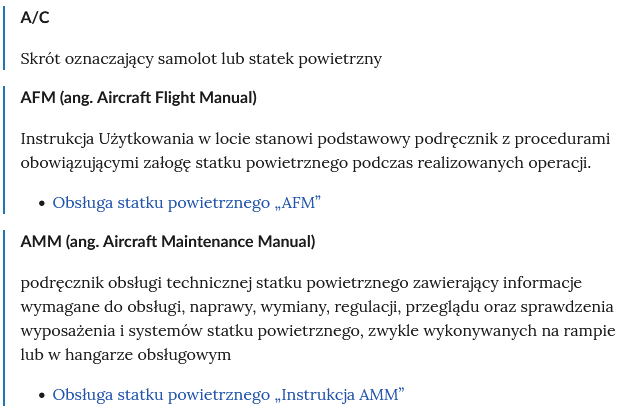 Zrzut ekranu przedstawia kilka pojęć ze Słownika. Konstrukcja jest następująca: pojęcie, poniżej jego wyjaśnienie, a pod nim znajduje się link, po którego kliknięciu użytkownik przenosi się do rozdziału w tym materiale, w którym dane pojęcie jest wykorzystywane. Linków może być jeden lub kilka, w zależności od tego, w ilu rozdziałach użyto pojęcia.