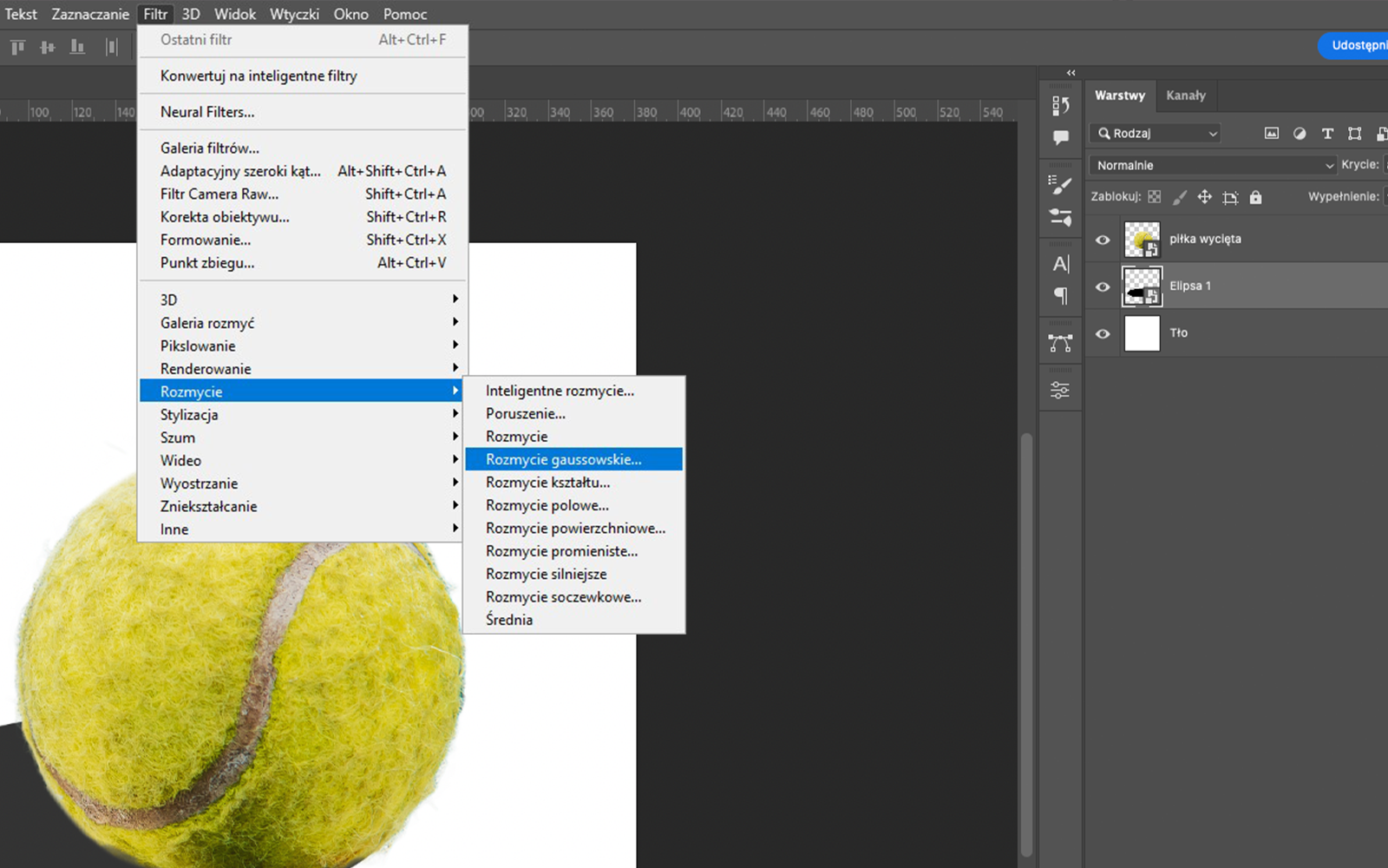 Ilustracja przedstawia okno programu. Z menu wybrano zakładkę Filtr. Tam zaznaczono z listy opcję: Rozmycie, z kolejnej listy wybrano: Rozmycie gaussowskie. Po prawej stronie jest panel dotyczący warstw. Wybrano warstwę o nazwie: Elipsa1. 