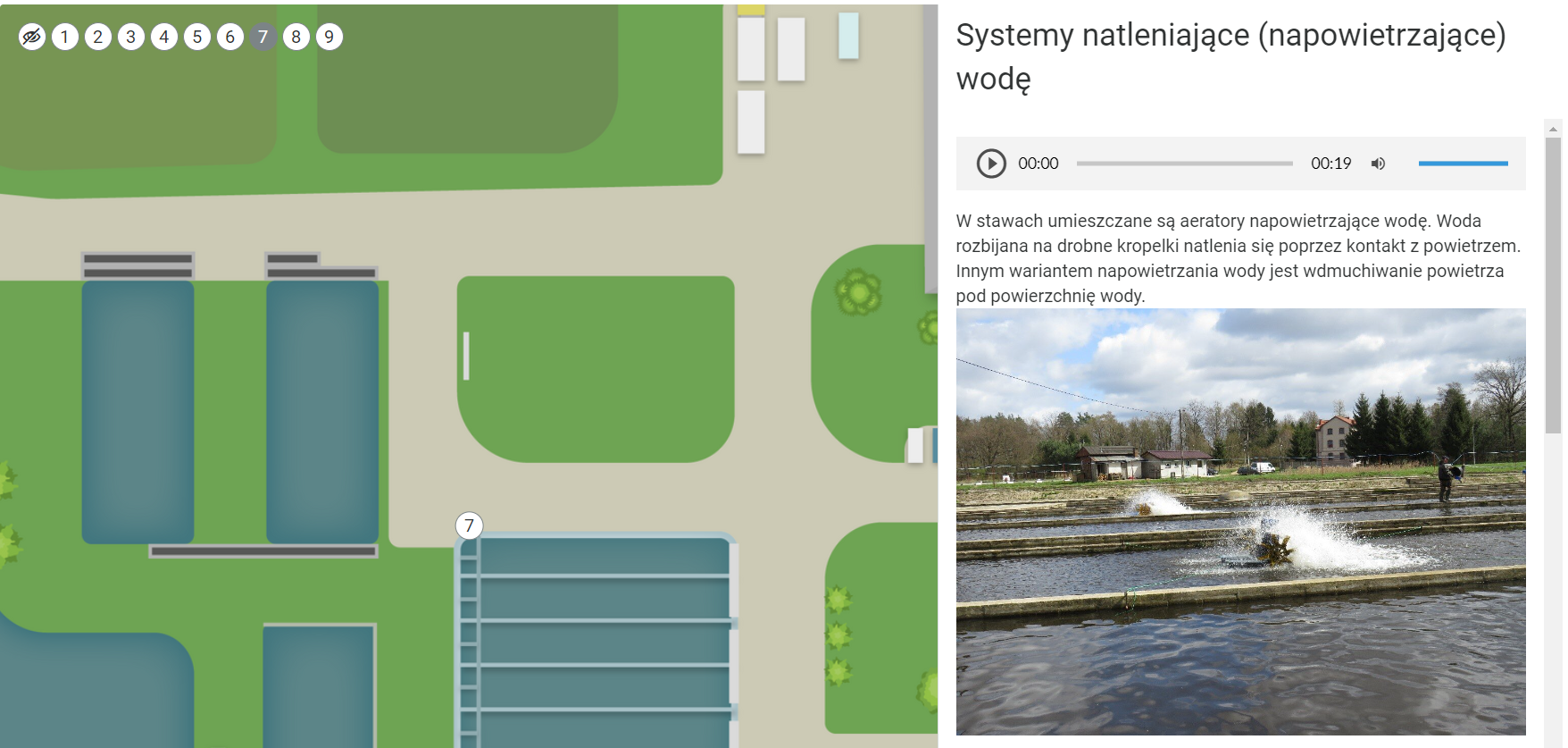 Zdjęcie przedstawia wyświetlony przykładowy opis, który pojawia się po kliknięciu znacznika na grafice interaktywnej. Znacznik oraz fragment głównego obrazka, na którym znacznik jest umieszczony, są nieco przybliżone. W górnym lewym rogu znajduje się dziesięć ikon znaczników. Pierwsza to symbol przekreślonego oka. Pozostałe mają numerację od jeden do dziewięć. Po prawej stronie infografiki wyświetlony jest panel z tekstem zatytułowany systemy natleniające (napowietrzające) wodę. Poniżej znajdują się odtwarzacz audio i opis tego urządzenia oraz zdjęcia przedstawiająca urządzenie. Tekst w odtwarzaczu audio jest tożsamy z tekstem z opisu.