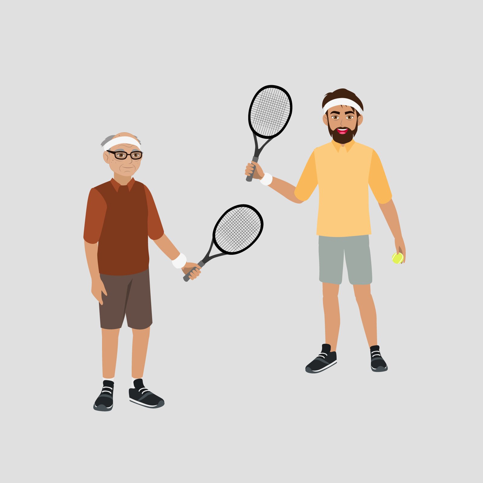 Ilustracja przedstawia dwóch mężczyzn, z czego jeden jest w starszym wieku. Obaj trzymają w dłoniach rakiety do tenisa i ubrani są w lekkie stroje sportowe. Młodszy z nich trzyma w drugiej dłoni piłeczkę tenisową.