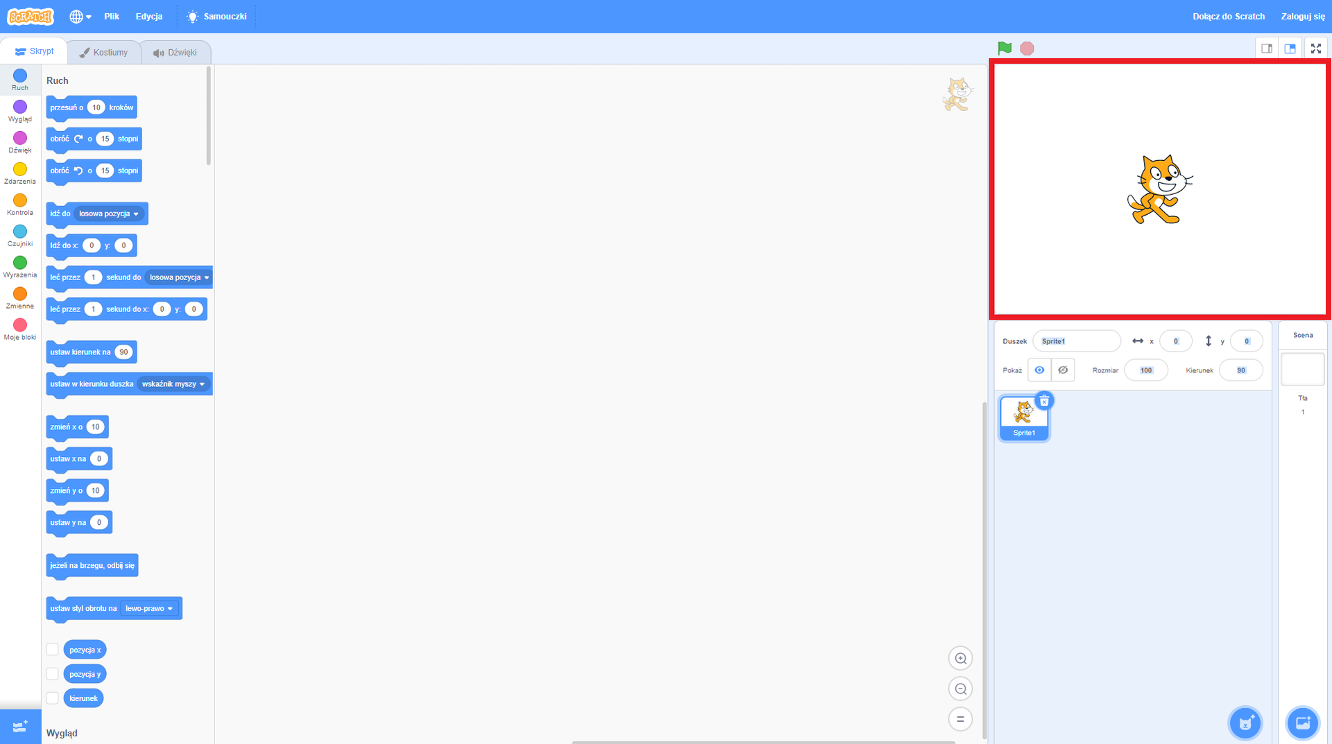Zrzut okna środowiska Scratch z zaznaczoną sceną na której można umieszczać duszki.