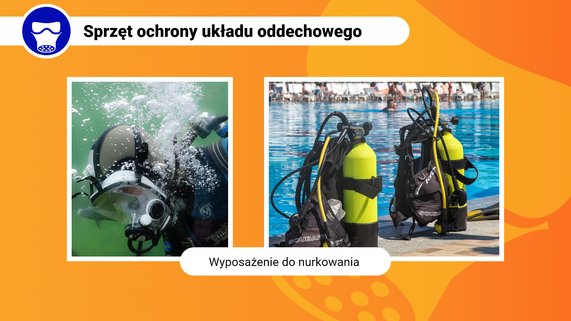 Zdjęcia w ramce z podpisem: wyposażenie do nurkowania. Lewe zdjęcie przedstawia płetwonurka pod wodą w kombinezonie i masce podłączonej do butli z tlenem. Drugie zdjęcie przedstawia dwie butle z tlenem wraz z szelkami mocującymi i wężami.