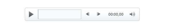 Ilustracja przedstawia pasek narzędzi odtwarzanego filmu. Od lewej strony trójkąt równoboczny skierowany w prawo. Obok pole tekstowe. Dalej mniejsze trójkąty równoboczne, pierwszy skierowany w lewo, drugi w prawo. Dalej licznik czasu wskazujący 00:00:00. Skrajnie po prawej strony ikona przedstawiająca głosik.