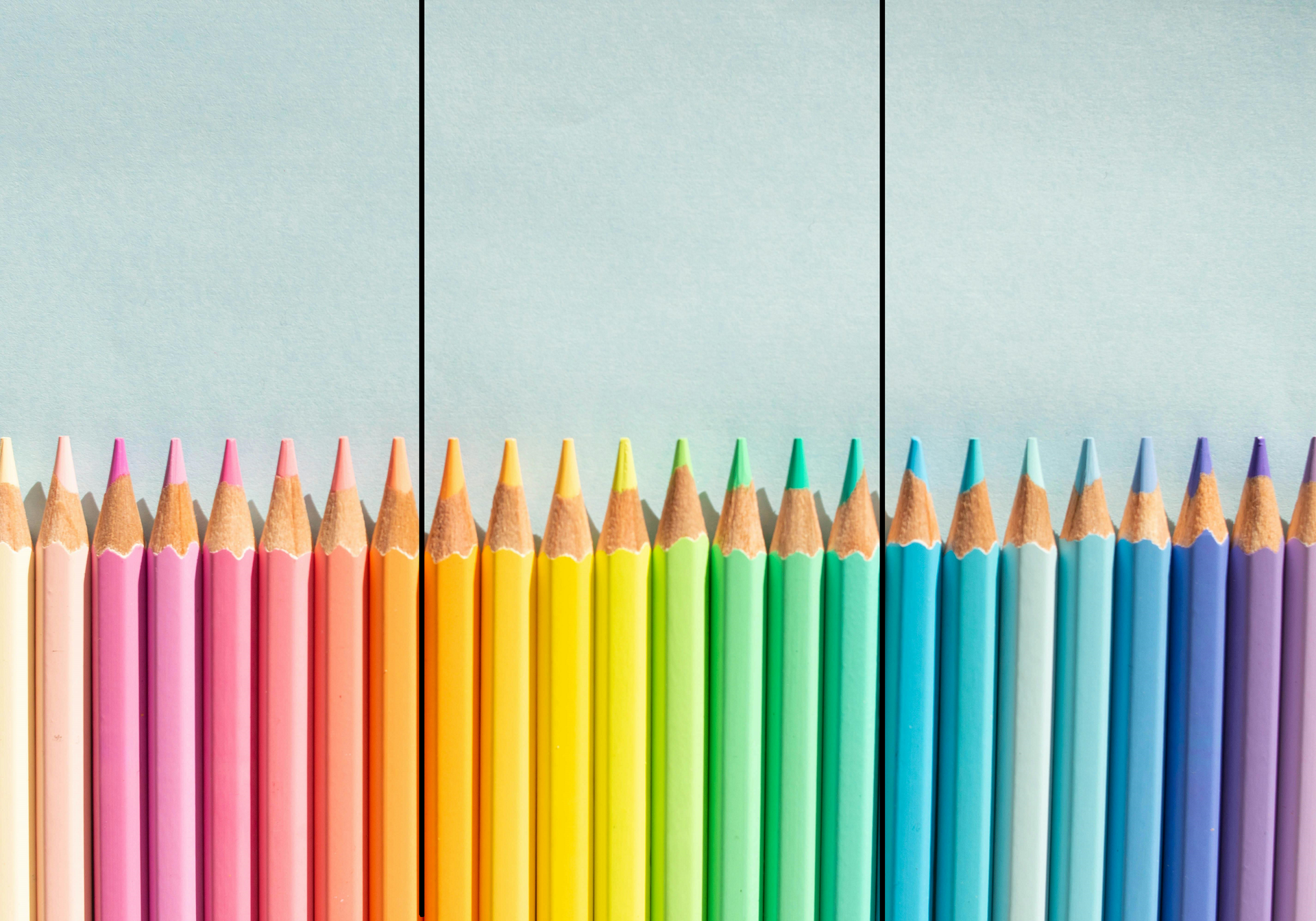 Na ilustracji przedstawiono kolejno kolorowe kredki. Kredki podzielono pionowymi kreskami na trzy grupy o takiej samej liczbie kredek w każdej.