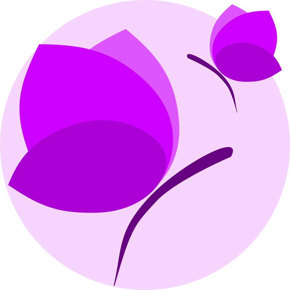 Grafika przedstawia uproszczony, geometryczny motyw dwóch kwiatów lub motyli w odcieniach fioletu i różu, osadzonych na jasnoróżowym, okrągłym tle. Większy kwiat (lub motyl) znajduje się w lewym dolnym rogu obrazu, mniejszy – w prawym górnym rogu. Każdy z nich składa się z nachodzących na siebie, zaokrąglonych kształtów, które tworzą efekt delikatnych płatków lub skrzydeł, a także cienkiego ciemnofioletowego łodyżko‑kształtnego elementu. Całość utrzymana jest w stylu minimalistycznym i abstrakcyjnym.