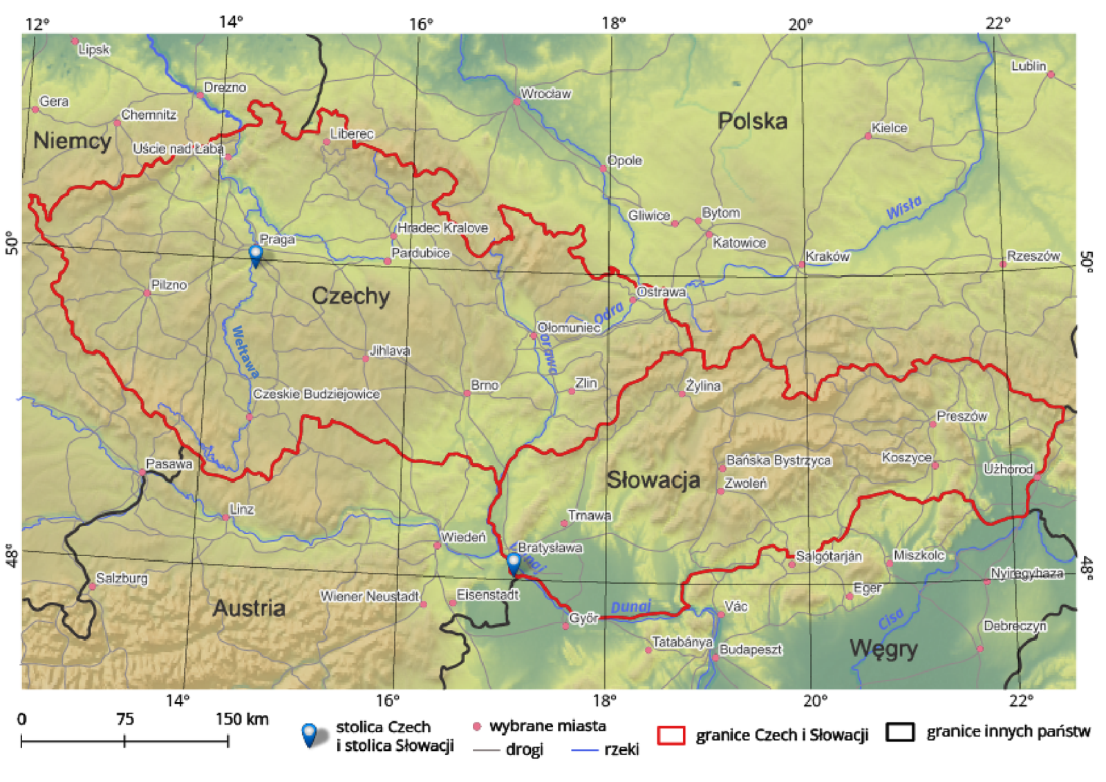 Mapa hipsometryczna przedstawiająca położenie Czech i Słowacji. U dołu legenda. Granice Czech i Słowacji oznaczono czerwonymi liniami, różowymi kropkami zaznaczono większe miasta, pinezkami stolice, szarymi liniami ważniejsze drogi, niebieskimi liniami rzeki. Stolica Czech - Praga położona jest na 50 równoleżniku, podobnie jak czeskie miasto Pardubice oraz Polski Kraków i Rzeszów. Praga znajduje się w północno‑wschodniej części kraju. Słowacka stolica - Bratysława położona jest na 48 równoleżniku podobnie jak Węgierskie miasto Nyiregyhaza. Bratysława znajduje się w pobliżu południowo‑zachodniej granicy państwa. Od Polski, Czechy i Słowację oddzielają dwa łańcuchy górskie - Sudety i Karpaty. Mapa pokryta siatką południków i równoleżników co dwa stopnie. 