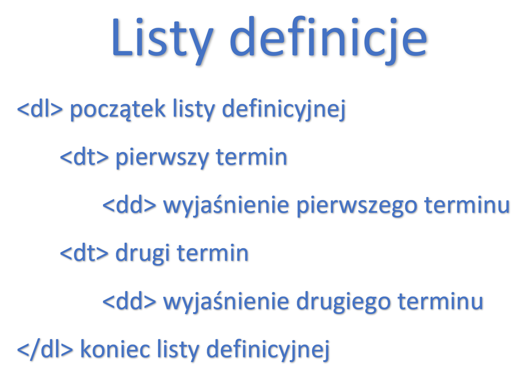 Ilustracja przedstawia strukturę listy definicyjnej. Na górze ilustracji znajduje się napis: Listy definicyjne. Poniżej umieszczone są znaczniki z tekstem wyjaśniającym dany znacznik. Wszystkie znaczniki umieszczone są w środku nawiasów ostrych. Po lewej stronie znajduje się nawias lewostronnie domknięty, po prawej stronie nawias prawostronnie domknięty. Obok znacznika znajduje się tekst wyjaśniający. Zamieszczony opis. Brak wcięcia znacznik dl, tekst: początek listy definicyjnej. Pojedyncze wcięcie, znacznik dt, tekst: pierwszy termin. Podwójne wcięcie, znacznik dd, tekst: wyjaśnienie pierwszy termin. Pojedyncze wcięcie, znacznik dt, tekst: drugi termin. Podwójne wcięcie, znacznik dd, tekst: wyjaśnienie drugiego terminu. Brak wcięcia znacznik dl poprzedzony ukośnikiem, tekst: koniec listy definicyjnej