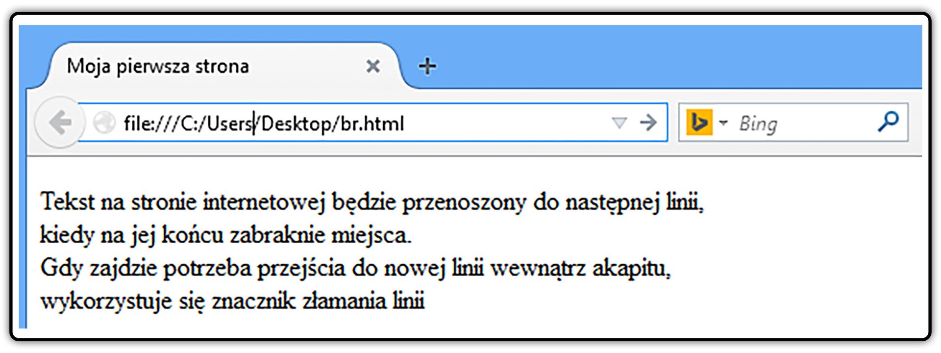Zrzut widoku strony dokumentu HTML z tekstem umieszczonym pomiędzy znacznikami początku i końca akapitu