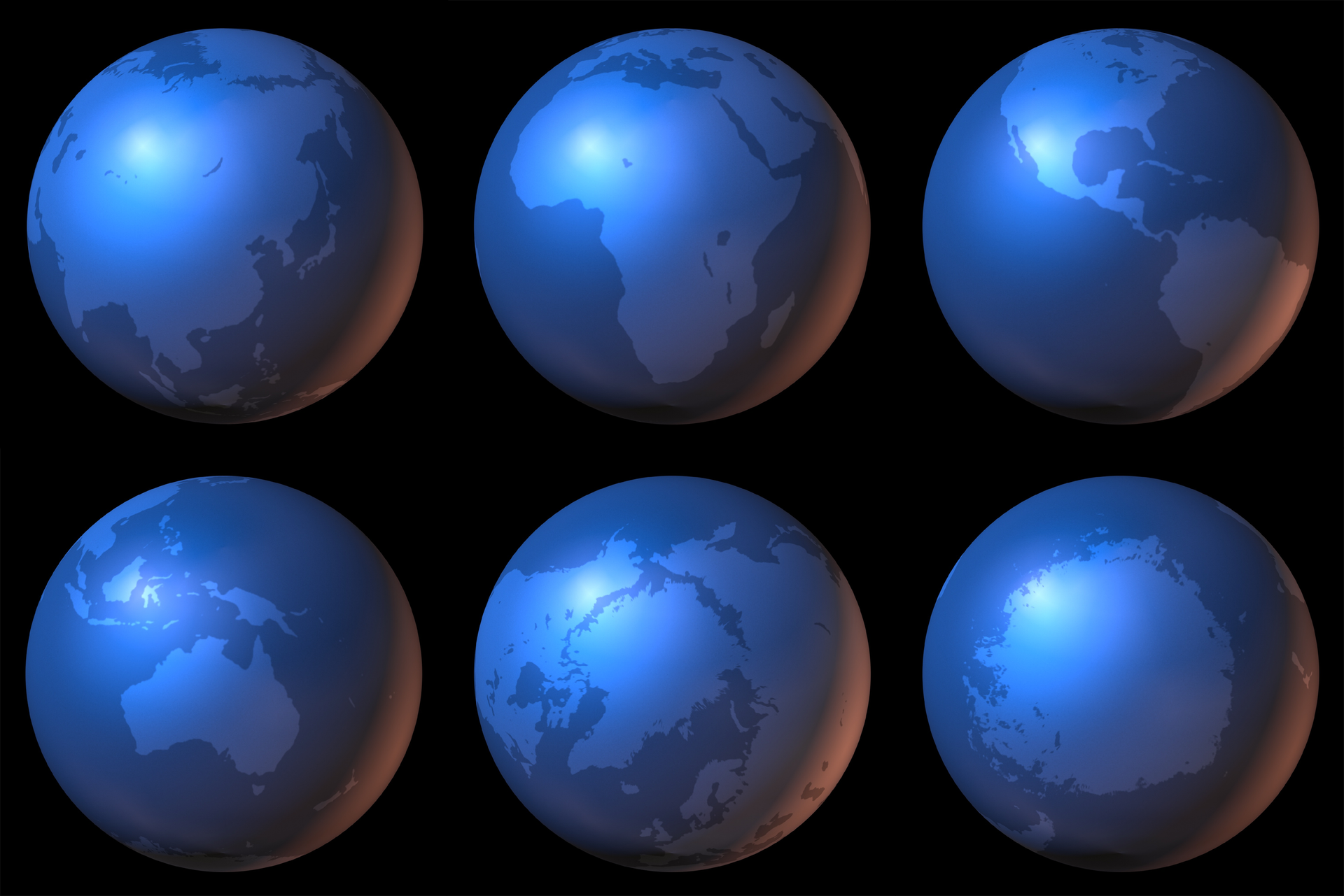 Na ilustracji sześć kul ziemskich w dwóch rzędach po trzy kule. Na każdej kuli inny znajduje się inny kontynent. Górny rząd od lewej: Azja, Afryka, Ameryki, dolny rząd od lewej Australia, biegun północy, Antarktyda.