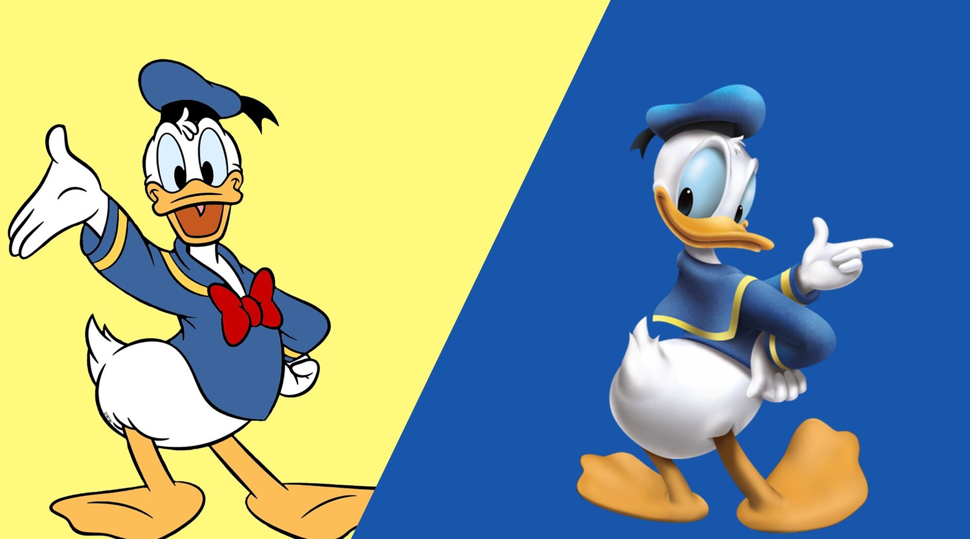 Ilustracja, podzielona ukośną linią, przedstawia wizerunek Kaczora Donalda w dwóch wersjach. Postać ma białe pióra, żółte nogi oraz dziób, a także jasnoniebieskie białka oczu. Zamiast skrzydeł ma ręce i dłonie. Ma na sobie niebieską koszulę z żółtymi detalami oraz niebieską czapkę, a na pierwszej ilustracji także czerwoną muszkę. Po lewej stronie, na żółtym tle obecna jest wersja 2D. Kaczor stoi przodem, wyciągając prawą rękę do góry, z otwartym dziobem. Wersja po prawej stronie – 3D, ukazuje go tyłem, z wysuniętym palcem wskazującym lewej dłoni. Kaczor odwraca głowę do tyłu, w stronę widza. Tło jest niebieskie. 