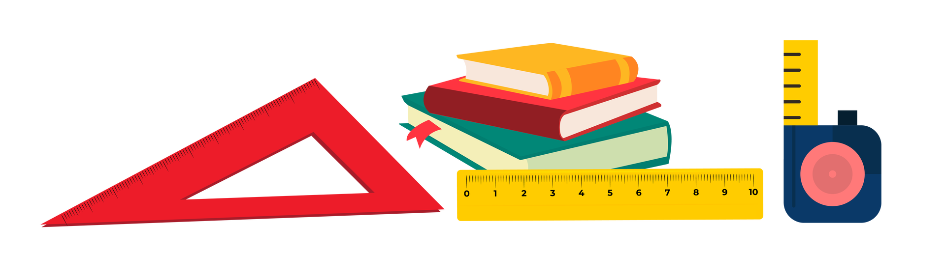 Ilustracja przedstawia kilka przedmiotów ułożonych blisko siebie. Po lewej stronie widać czerwoną ekierkę. Na środku są trzy książki ułożone jedna na drugiej. Pierwsza ma pomarańczową okładkę, druga czerwoną, a trzecia ciemnozieloną. Przed książkami znajduje się żółta linijka. Po prawej stronie ilustracji stoi metalowa wysuwana miara.