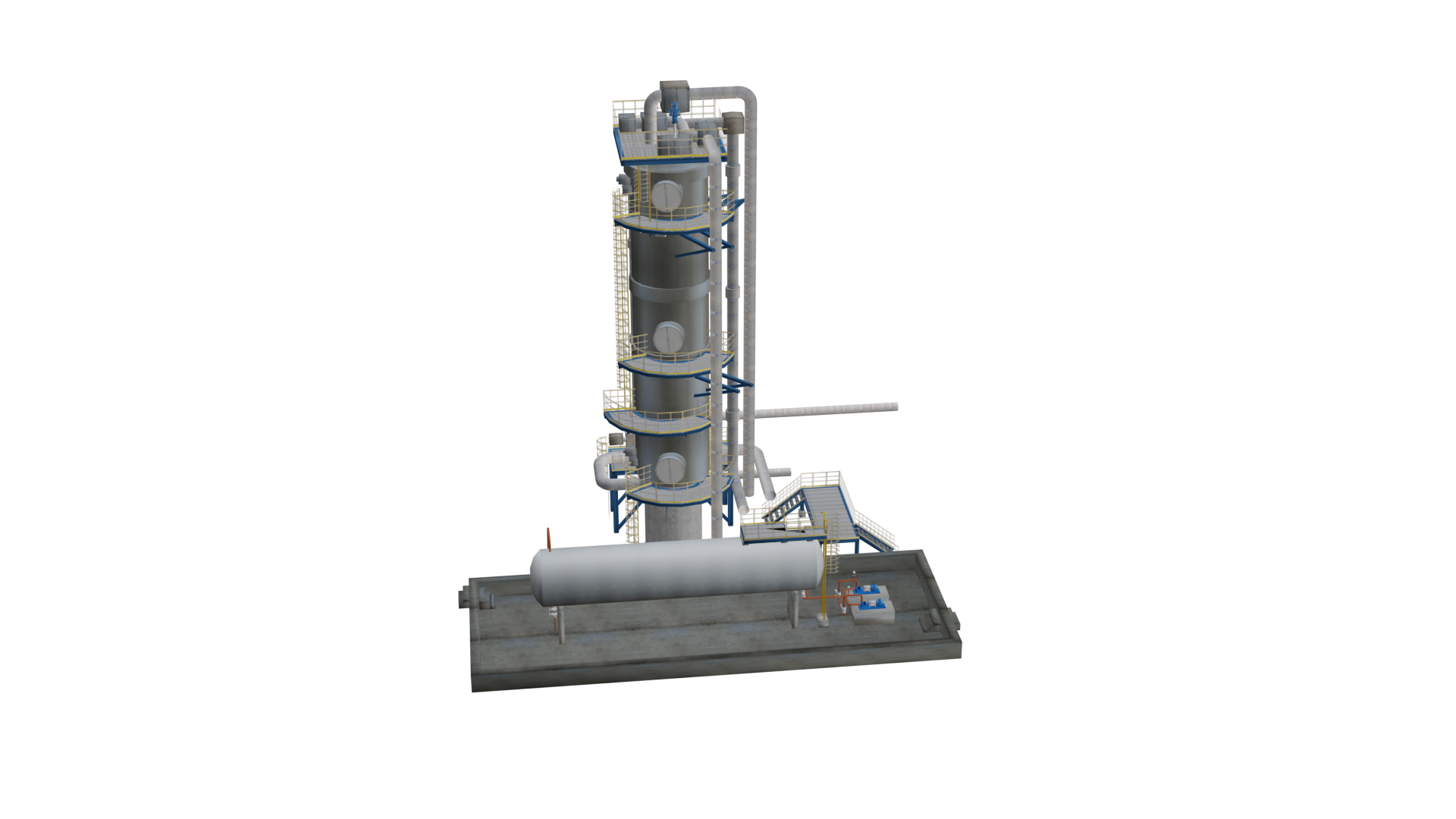 Grafika przedstawia kolumnę stabilizacyjną ropy naftowej wraz z poziomym zbiornikiem magazynowym o cylindrycznym kształcie. Zbiornik znajduje się na pierwszym planie. Zorientowany jest poziomo i osadzony na dwóch podporach. Jest orurowany z prawej strony. Nad prawą częścią zbiornika zamontowana jest również nieduża platforma. Poprowadzona jest do niej drabina. Za nim znajduje się pionowo zorientowana kolumna stabilizacyjna o cylindrycznym kształcie. Po jej prawej stronie od górnej części w kierunku dołu poprowadzone są rury. Z lewej strony, u dołu przyłączona jest rura odchodząca do tyłu. Dookoła kolumny na różnych wysokościach oraz na samej jej górze zamontowane są platformy oraz drabiny, umożliwiające dostęp pracownikom do poszczególnych części konstrukcji. Na trzech różnych wysokościach wbudowane są okrągłe włazy w ścianę boczną kolumny. Tego typu kolumna pozwala na stabilizację ciekłych węglowodorów po separacji trójfazowej. Ilość półek oraz wszystkie parametry jej pracy optymalizowane są z pomocą specjalistycznego oprogramowania.