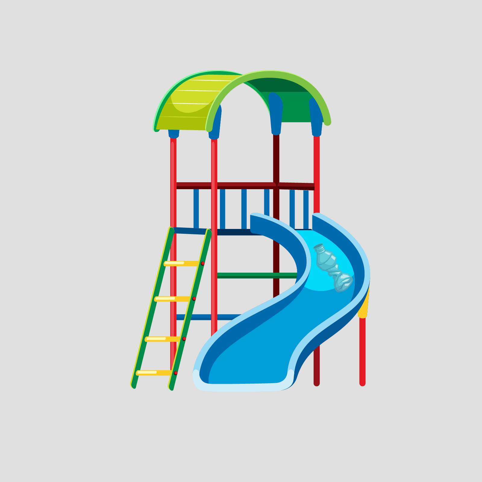 Ilustracja ukazuje zjeżdżalnię, na której znajduje się butelka po wodzie. 