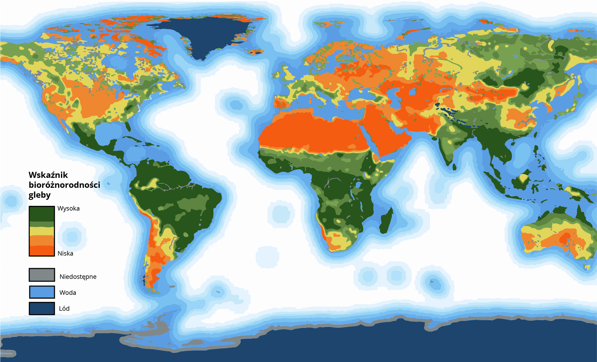 Na mapie świata zaznaczono różnorodność biologiczną gleb. Wysoki wskaźnik bioróżnorodności jest w glebach Ameryki Łacińskiej, na południu Florydy w USA, całej północnej i środkowej części Ameryki Południowej, w centralnej części Afryki i obszarach rozciągających się na południe kontynentu, na Madagaskarze, na Półwyspie Indochińskim, w północno-wschodniej oraz południowo-zachodniej części Indii, w Indonezji, na północnych krańcach Australii, na wschód od Bajkału. Gleby o niskiej bioróżnorodności występują między innymi na południu i południowym zachodzie Ameryki Południowej, na północy Afryki, na całym Półwyspie Arabskim, na wschód od Morza Kaspijskiego, w rejonie Iranu, Afganistanu, Pakistanu. Niska bioróżnorodność dotyczy także północnych krańców Ameryki Północnej. Na obszarze Polski bioróżnorodność także jest stosunkowo niska, podobnie jak krajów europejskich na południe od Polski oraz na wschód.          