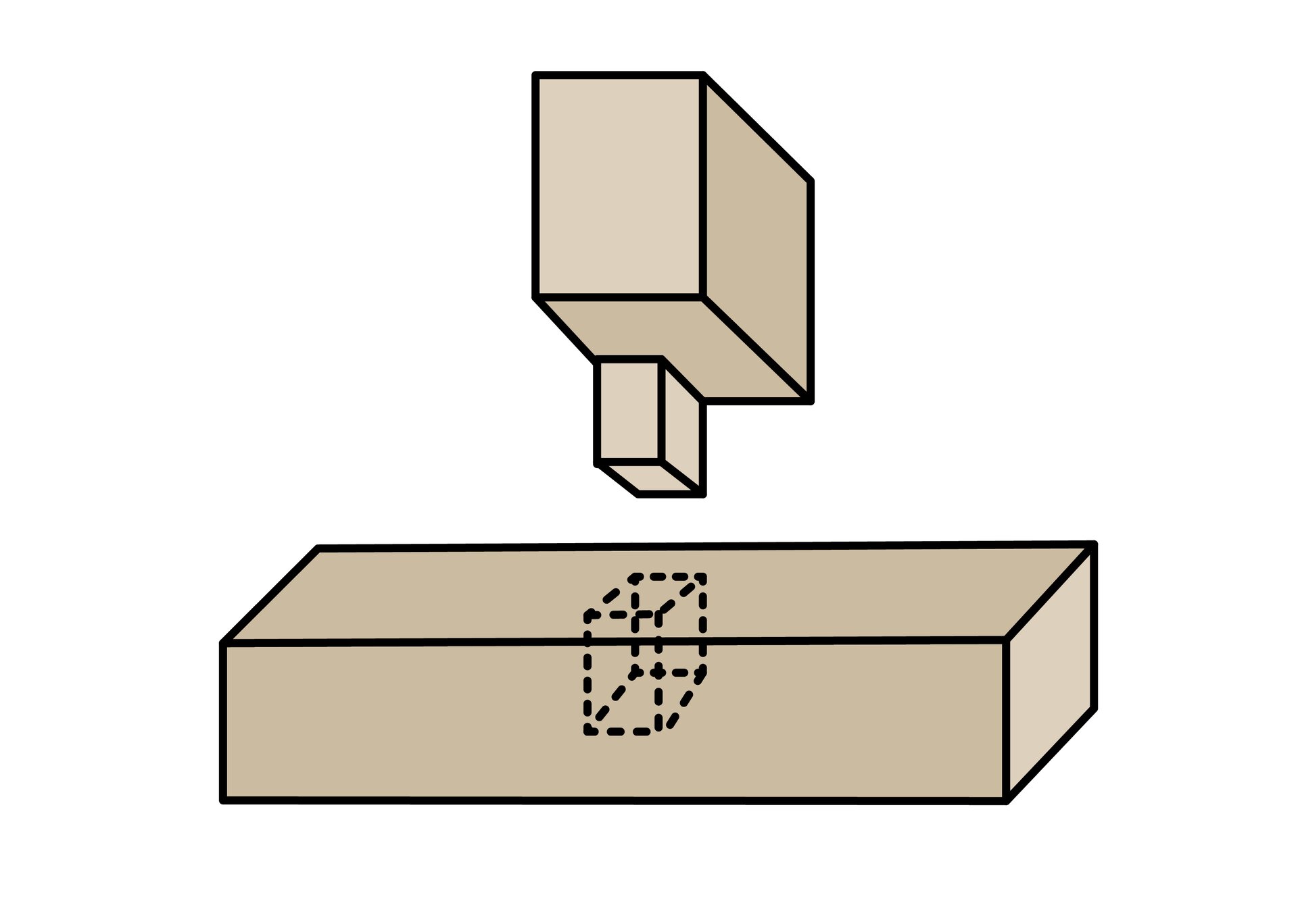 Grafika ilustruje złącze na czop odsadzony. Łączone elementy są względem siebie prostopadłe i znajdują się w jednej pionowej płaszczyźnie. W górnym elemencie został wycięty czop, a w drugim gniazdo.