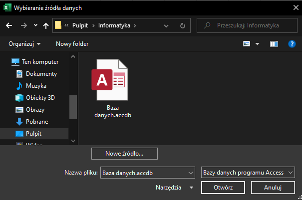 Ilustracja przedstawia otwarte okno Wybierz źródła danych. W oknie znajduje się plik ACCDB i nazwie baza danych. Poniżej pliku, na dolnym pasku są przyciski: Nowe źródło, Otwórz, Anuluj. Są także rozwijane listy o tytułach: Nazwa pliku; Bazy danych programu Access.