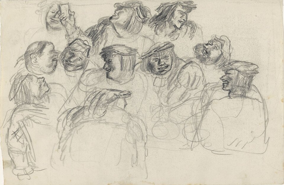 Szkic ołówkiem przedstawia grupę jedenastu mężczyzn. Postacie są zasygnalizowane kilkoma kreskami. Jedynie ich twarze są bardziej dopracowane. Postacie wypełniają całą kartkę, rozmawiają, uśmiechają się. Część mężczyzn ma na głowach płaskie czapki, wyglądające jak berety. Jeden, po lewej stronie to mnich z tonsurą. 