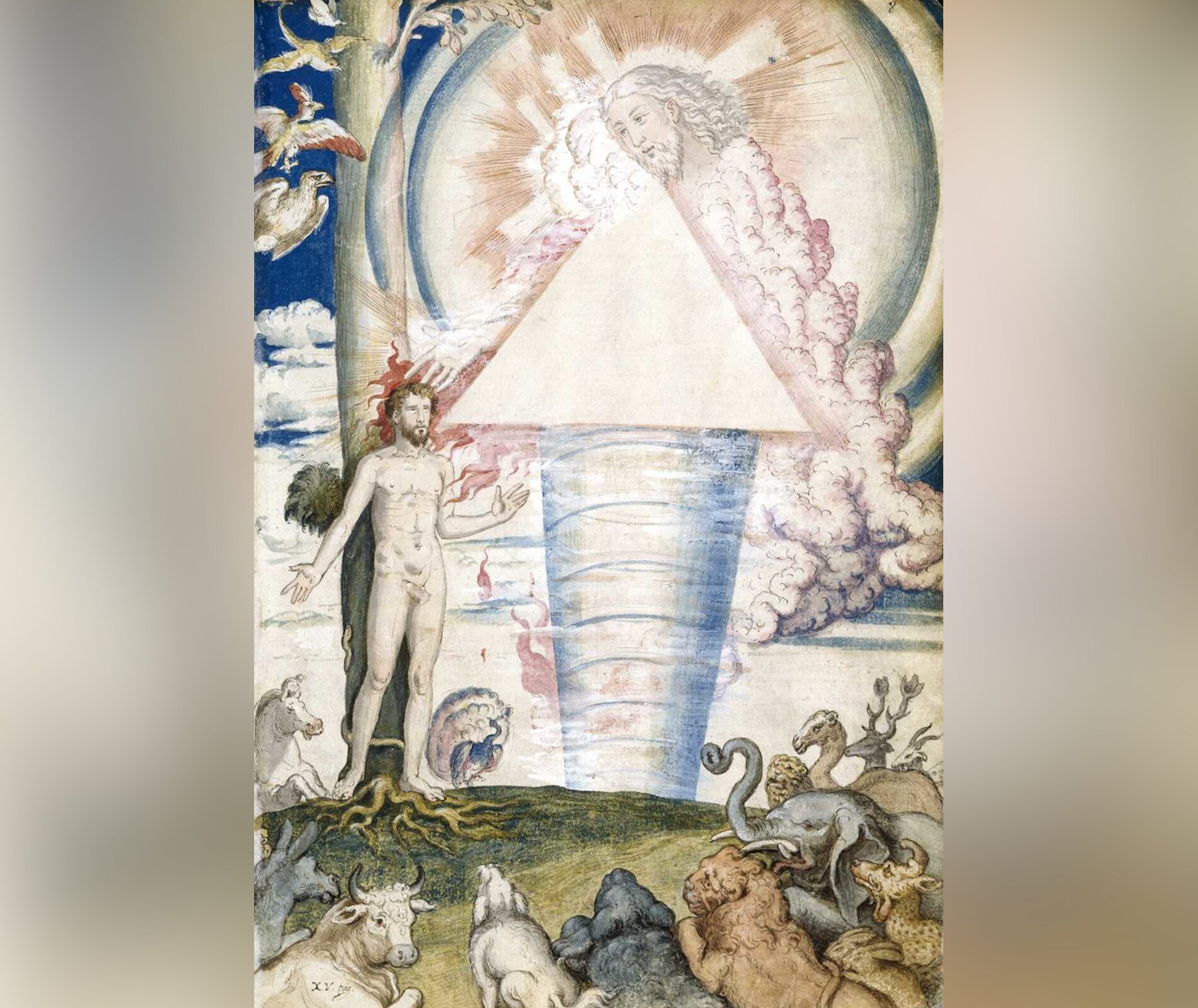 Obraz przedstawia nagiego mężczyznę stojącego pod wysokim drzewem. Mężczyznę otaczają różne zwierzęta. Nad mężczyzną, na niebie unosi się głowa Boga Ojca.