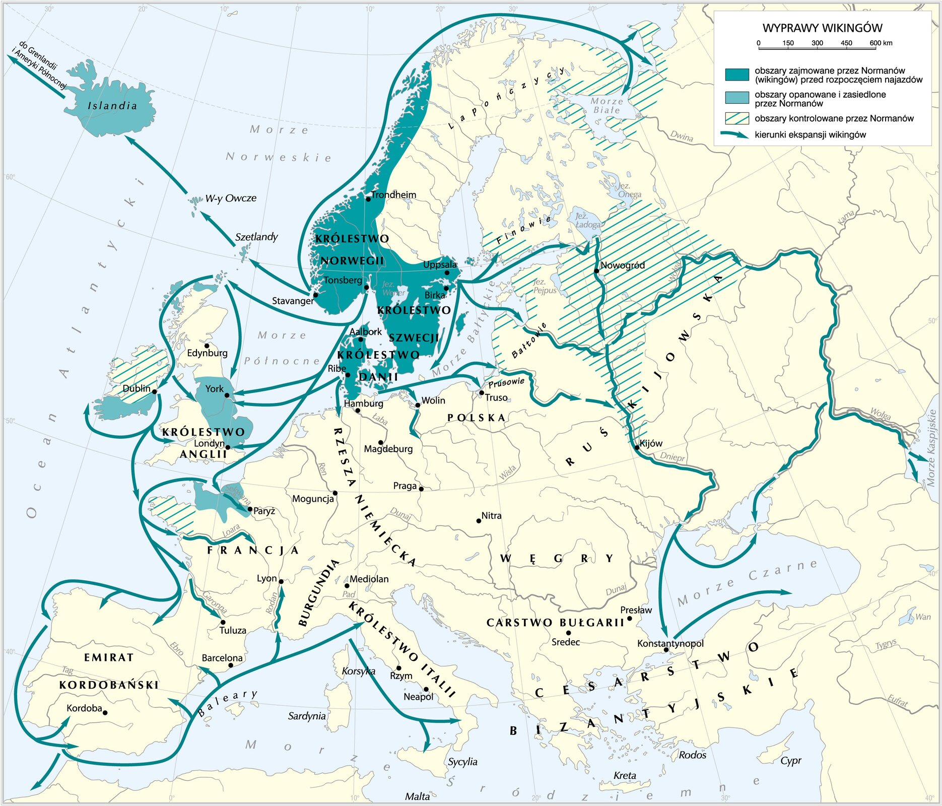 Mapa Europy przedstawia wyprawy wikingów. Przed rozpoczęciem najazdów Normanowie kontrolowali teren Królestwa Danii, Szwecji i Norwegii, które zajmowały południową część półwyspu skandynawskiego. Normanowie opanowali i zasiedlili Islandię, Wyspy Owcze, Szetlandy, Południową Irlandię, Północną Szkocję, zachodnią Anglię i północny fragment Francji. Obszarami kontrolowanymi przez Normanów była Bretania, Irlandia, południowe wybrzeże Finlandii, południowo zachodnie wybrzeże morza Bałtyckiego, wybrzeże morza Białego, oraz tereny Rusi od Jeziora Ładoga do Kijowa. Podczas swoich wypraw Normanowie dotarli do Irlandii, Islandii, Wielkiej Brytanii, Grenlandii, Ameryki Północnej, Francji, Hiszpanii, Włoch, morza Czarnego, Bałtyckiego, Białego i Kaspijskiego.