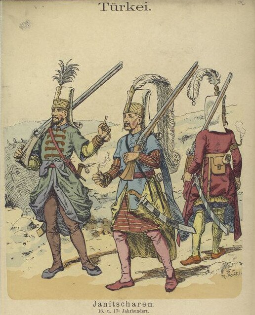 Ilustracja przedstawia trzech mężczyzn z wysokimi nakryciami głowy na których sterczą pióropusze. Wszyscy mają na ramionach strzelby i szable przy bokach.