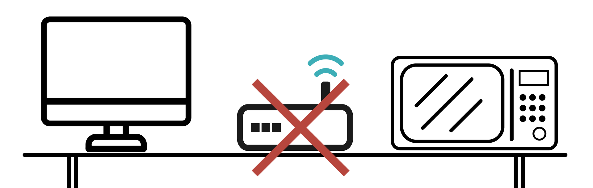 Ilustracja przedstawiająca trzy urządzenia stojące na stole. Od lewej: telewizor, ruter WifI, kuchenka mikrofalowa. Ruter Wifi przekreślono czerwonym krzyżykiem. 