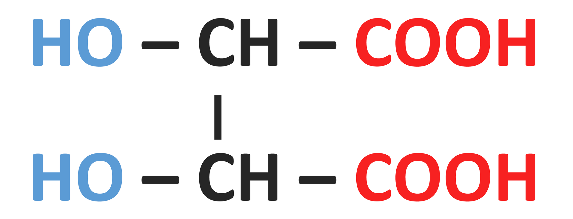 Na ilustracji jest wzór kwasu 2,3‑dihydroksybutanoidowego: dwa identyczne szeregi, jeden pod drugim, grupa HO połączona jest z grupą CH, która z kolei łączy się z grupą COOH. Szeregi połączone są wiązaniem pojedynczym pomiędzy grupami CH.