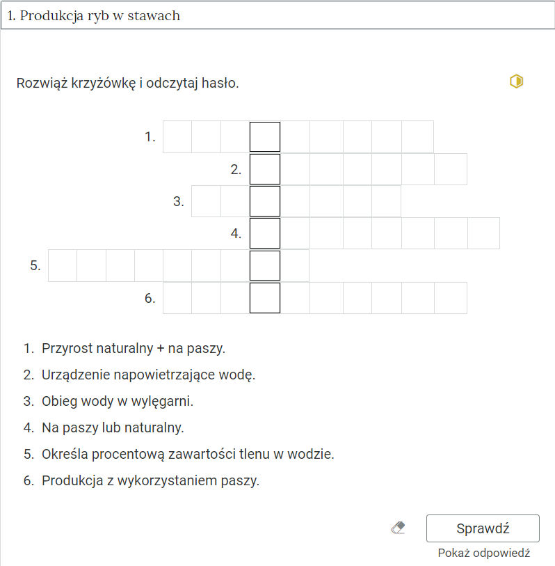 Zdjęcie przedstawia otwartą zakładkę z przykładowym zadaniem. Pod nazwą zakładki znajduje się polecenie. Pod poleceniem widać treść zadania z odpowiedziami do wyboru. Po prawej stronie polecenia widać żółty sześciokąt. Poniżej zadania, po prawej stronie panelu znajduje się ikona sprawdź. Po jej lewej stronie widać symbol gumki. Poniżej przycisku sprawdź znajduje się napis pokaż odpowiedź.