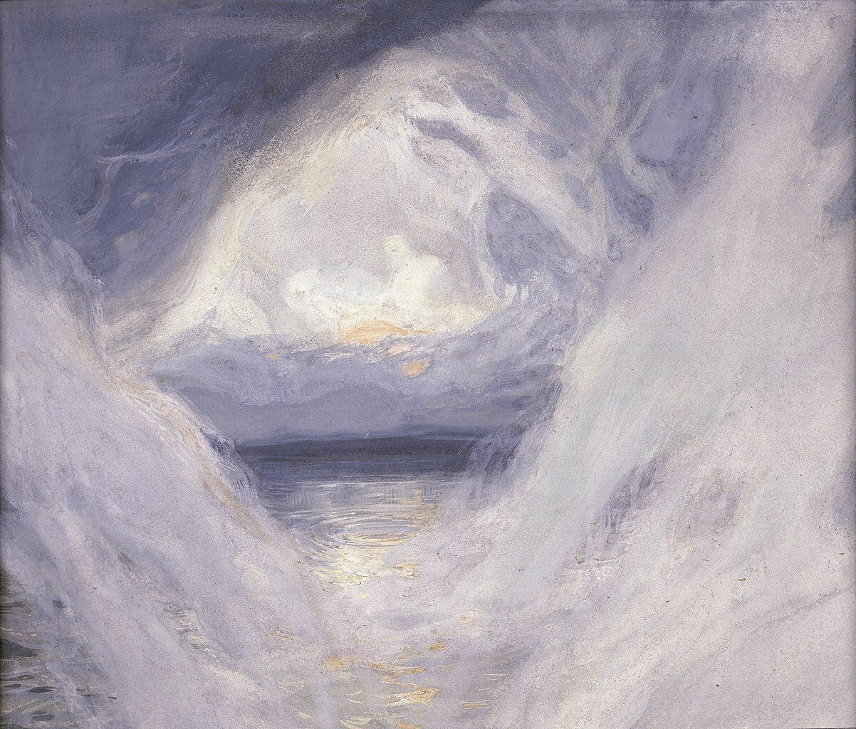 Obraz przedstawia kłęby chmur morzem. W tle znajduje się słońce ukryte za chmurami.