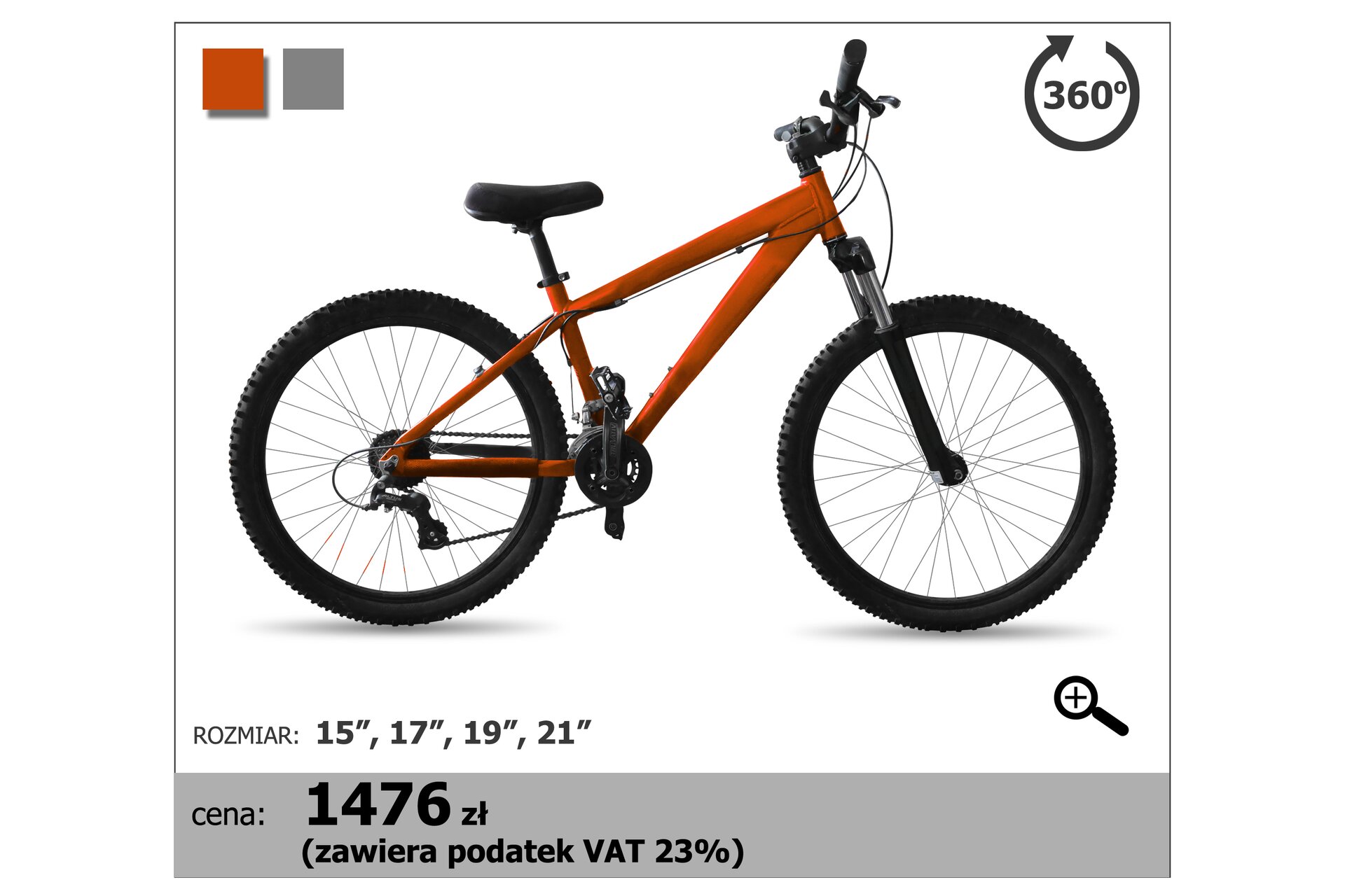 Rysunek roweru, którego cena wynosi 1476 złotych. Cena zawiera 23% podatek VAT.