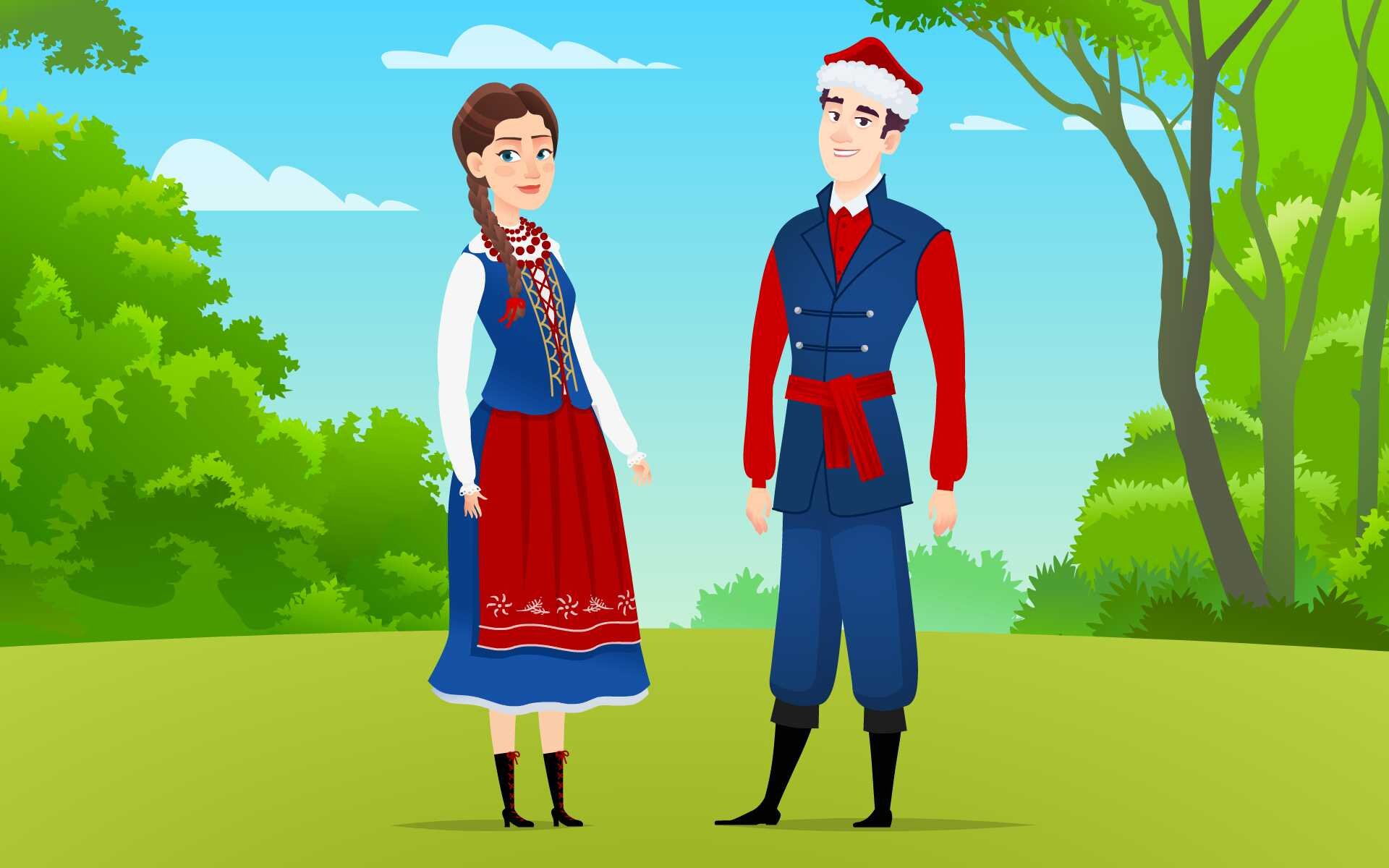 Ilustracja przedstawia graficzną prezentację stroju kujawskiego w formie rysunku. Na ilustracji znajduje się para – kobieta oraz mężczyzna. Kobieta ubrana jest w białą koszulę, na którą nałożony ma ciemnoniebieski gorset przyozdobiony haftem ze złotej nici. Zachodzi on w długą ciemnoniebieską spódnicę, która przykryta jest czerwonym fartuszkiem ozdobionym u dołu roślinnymi ornamentami. Kobieta nie ma na głowie chusty, tylko związane w długi warkocz brązowe włosy. Na szyi wiszą czerwone korale, na nogach założone ma czarne wysokie obuwie. Mężczyzna stoi z prawej strony, ubrany jest w czerwoną koszulę z długim rękawem na którą założoną ma ciemnoniebieską kamizelkę. Na pasie założony ma czerwony pas. Na nogach ciemnoniebieskie spodnie, przy nogawkach wykończone czarnym materiałem. Mężczyzna na głowie ma czerwoną czapkę z białym kożuszkiem., Na nogach mężczyzna ma wysokie buty.  Para stoi na polanie, w tle krzewy i drzewa.