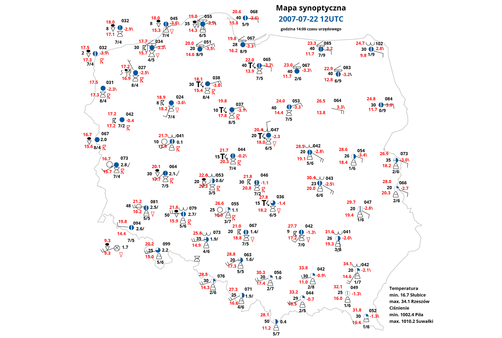 Ilustracja przedstawia zarys Polski, na której umieszczono symbole opisane na wcześniejszej ilustracji. Tym samym pokazano rozmieszczenie w Polsce poszczególnych stacji meteorologicznych. Ilustrację podpisano: Mapa synoptyczna 2007.07.22 12UTC. Stacje są rozmieszczone w różnych miejscach Polski, w całym kraju. W Polsce działają 63 stacje meteorologiczne należące do IMGW. Najważniejsze oddziały znajdują się w:  Warszawie, Białymstoku, Gdyni, Katowicach, w Krakowie, Poznaniu, we Wrocławiu. Największe zagęszczenie stacji jest na zachodnim wybrzeżu Bałtyku, na południu Polski, w centrum kraju. Najmniej w Polsce południowo‑wschodniej. 