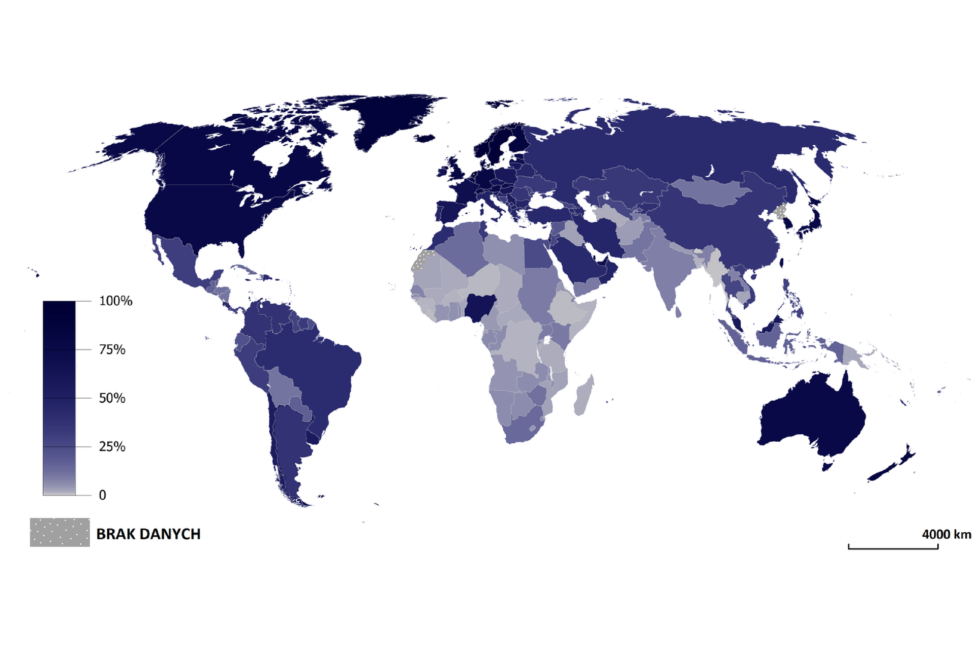 Mapa przedstawia informacje na temat udziału ludności korzystającej z internetu w ogóle społeczeństwa. Obszary gdzie 100% ludności korzysta z internetu to Ameryka Północna, Australia, kraje skandynawskie, zachodnia Europa. Kraje gdzie jest najmniejszy udział ludności korzystającej z internetu to kraje środkowej Afryki oraz Dalekiego Wschodu.