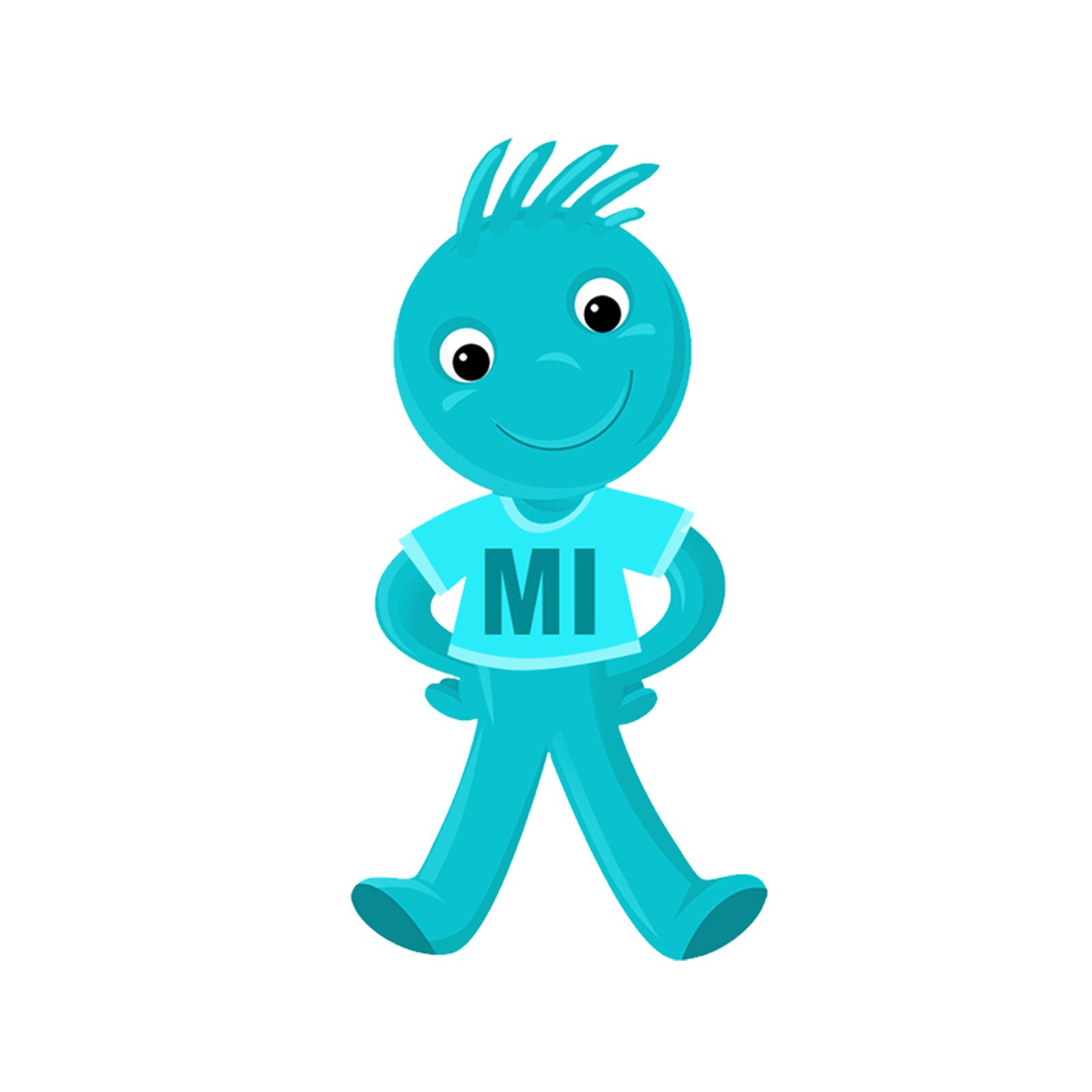 Ilustracja przedstawia turkusowego ludzika w koszulce z napisem Mi.