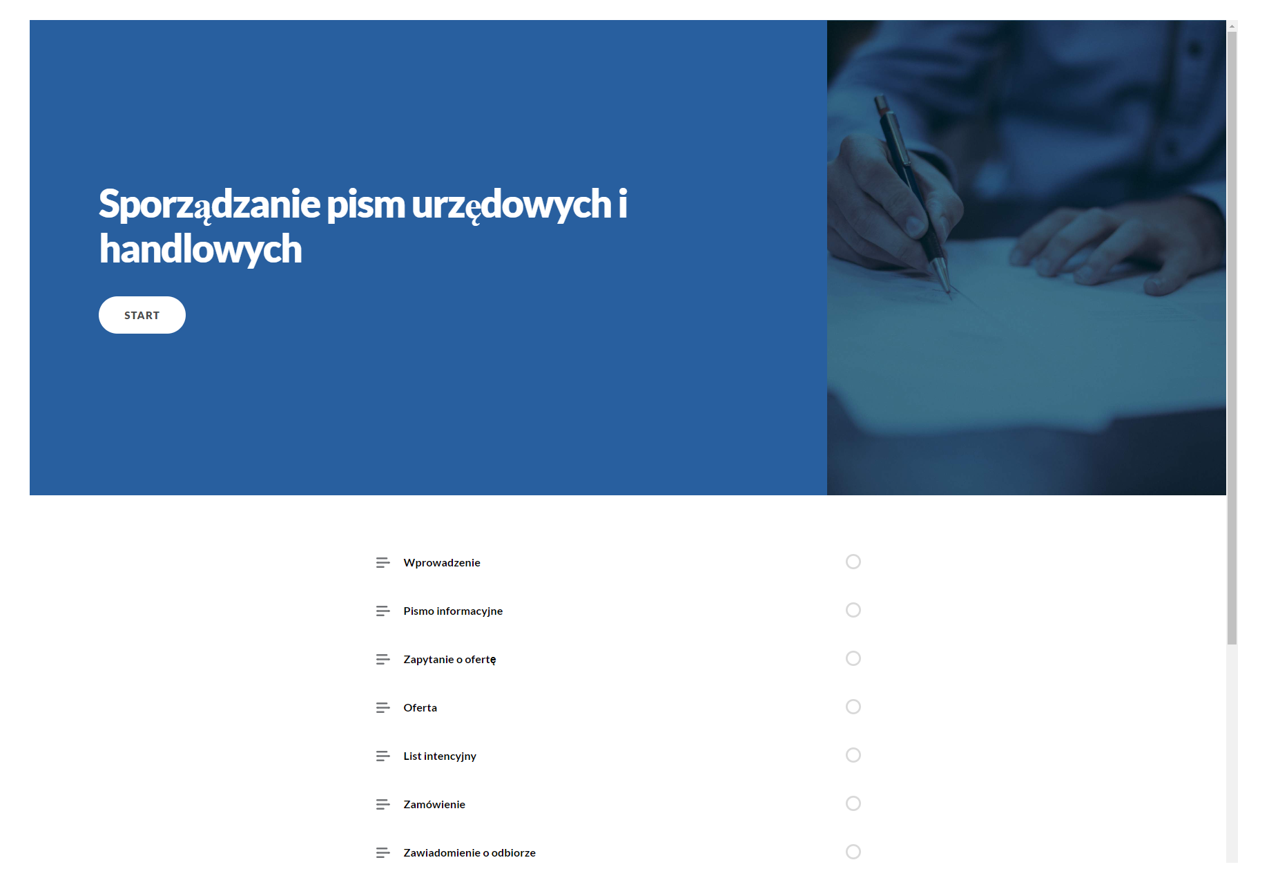 Ekran początkowy dokumentacji interaktywnej. Na górze tytuł: Sporządzanie pism urzędowych i handlowych. Pod spodem spis treści dokumentacji: Wprowadzenie, Pismo informacyjne, Zapytanie o ofertę, Oferta, List intencyjny, Zamówienie, Zawiadomienie o odbiorze.