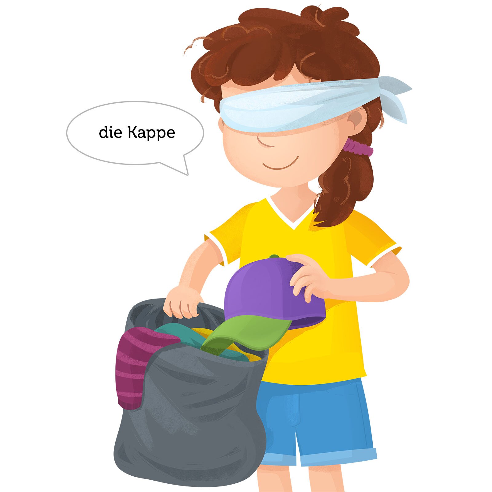 Ilustracja przedstawia dziewczynkę, która ma zasłonięte oczy. Trzyma worek z ubraniami, w którym jest między innymi czapka i skarpety. Dziewczynka mówi. die Kappe