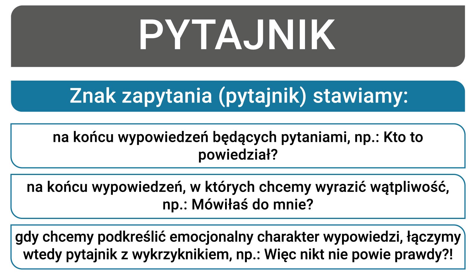 Schemat, który opisuje zasady stosowania pytajnika. ZNAK ZAPYTANIA – PYTAJNIK stawiamy: • na końcu wypowiedzeń będących pytaniami, np.: Kto to powiedział? • na końcu wypowiedzeń, w których chcemy wyrazić wątpliwość, np.: Mówiłaś do mnie? • chcemy pokreślić emocjonalny charakter wypowiedzi, łączymy wtedy pytajnik z wykrzyknikiem, np. Więc nikt nie powie prawdy?!