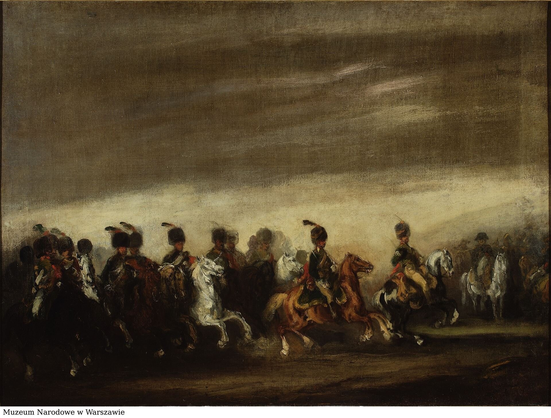 Ilustracja o kształcie pionowego prostokąta przedstawia obraz Piotra Michałowskiego „Defilada przed Napoleonem”. Ukazuje tłum jeźdźców galopujących na koniach. Konwój żołnierzy Napoleona kieruje się w prawą stronę, podążając jedni za drugimi, w rzędzie. Jeźdźcy mają na sobie wojskowe mundury, a na głowie czapki z piórami. W tle widoczne jest ciemne niebo. Obraz utrzymany jest w zielono-brunatnych barwach.